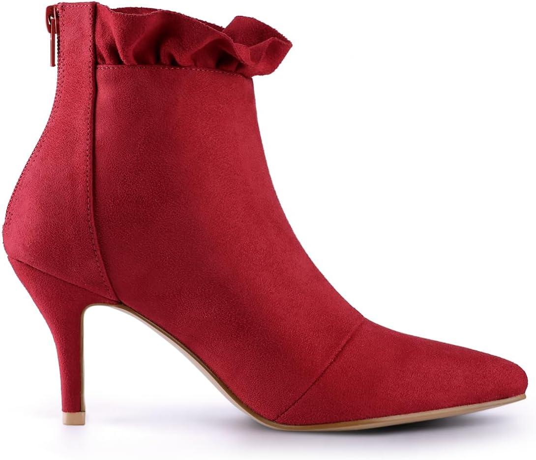 imageAllegra K Womens Pointed Toe Stiletto Heel Ruffle Ankle BootsRed