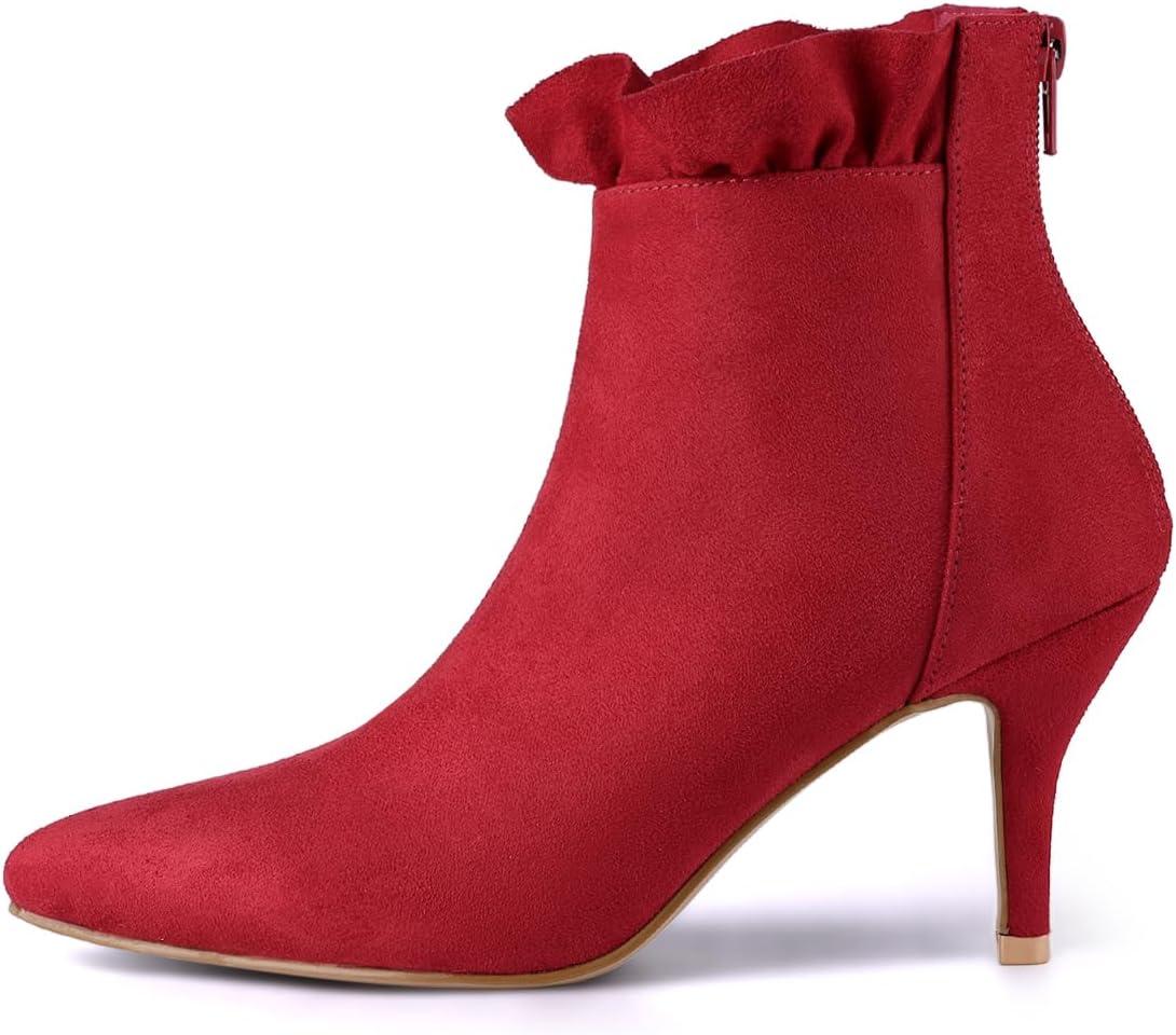 imageAllegra K Womens Pointed Toe Stiletto Heel Ruffle Ankle BootsRed