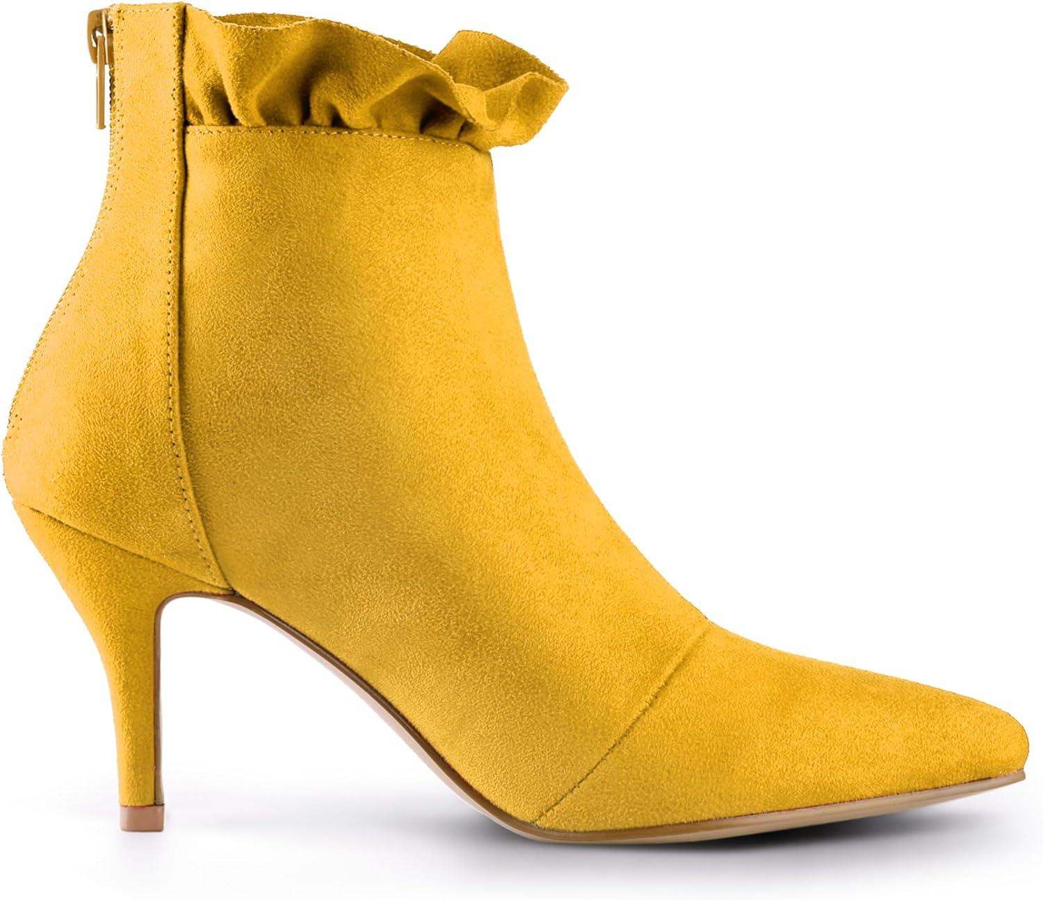 imageAllegra K Womens Pointed Toe Stiletto Heel Ruffle Ankle BootsYellow