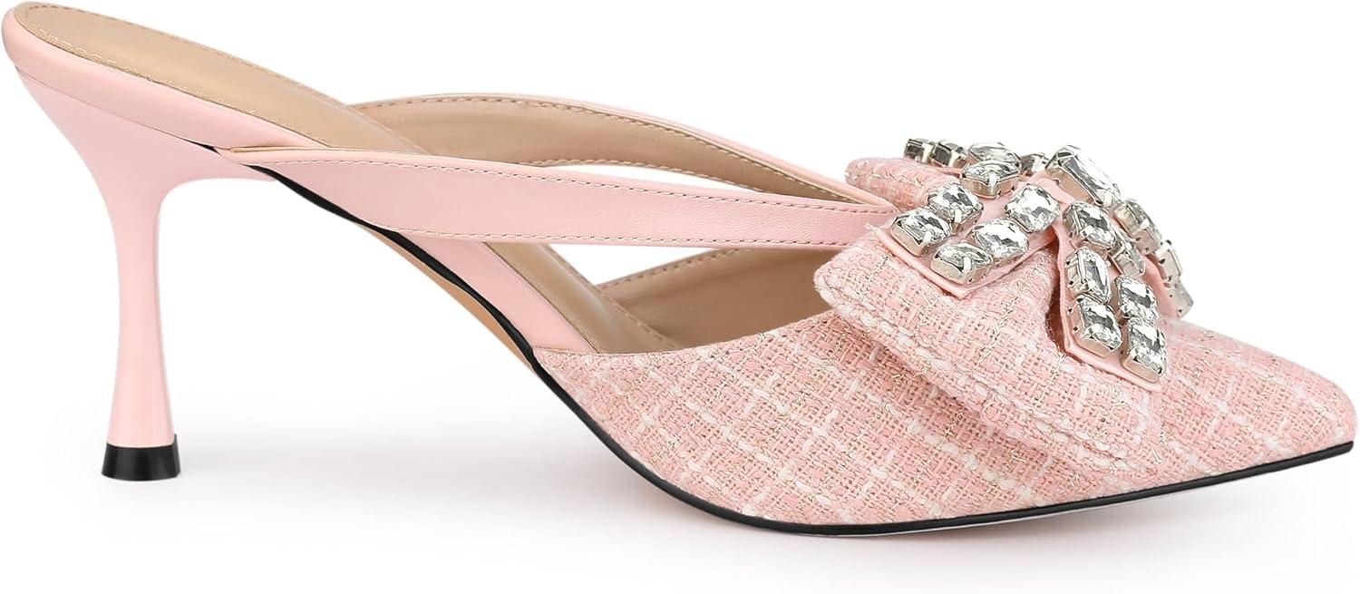 imageAllegra K Womens Pointed Toe Tweed Rhinestone Bow Stiletto Heels MulesPink