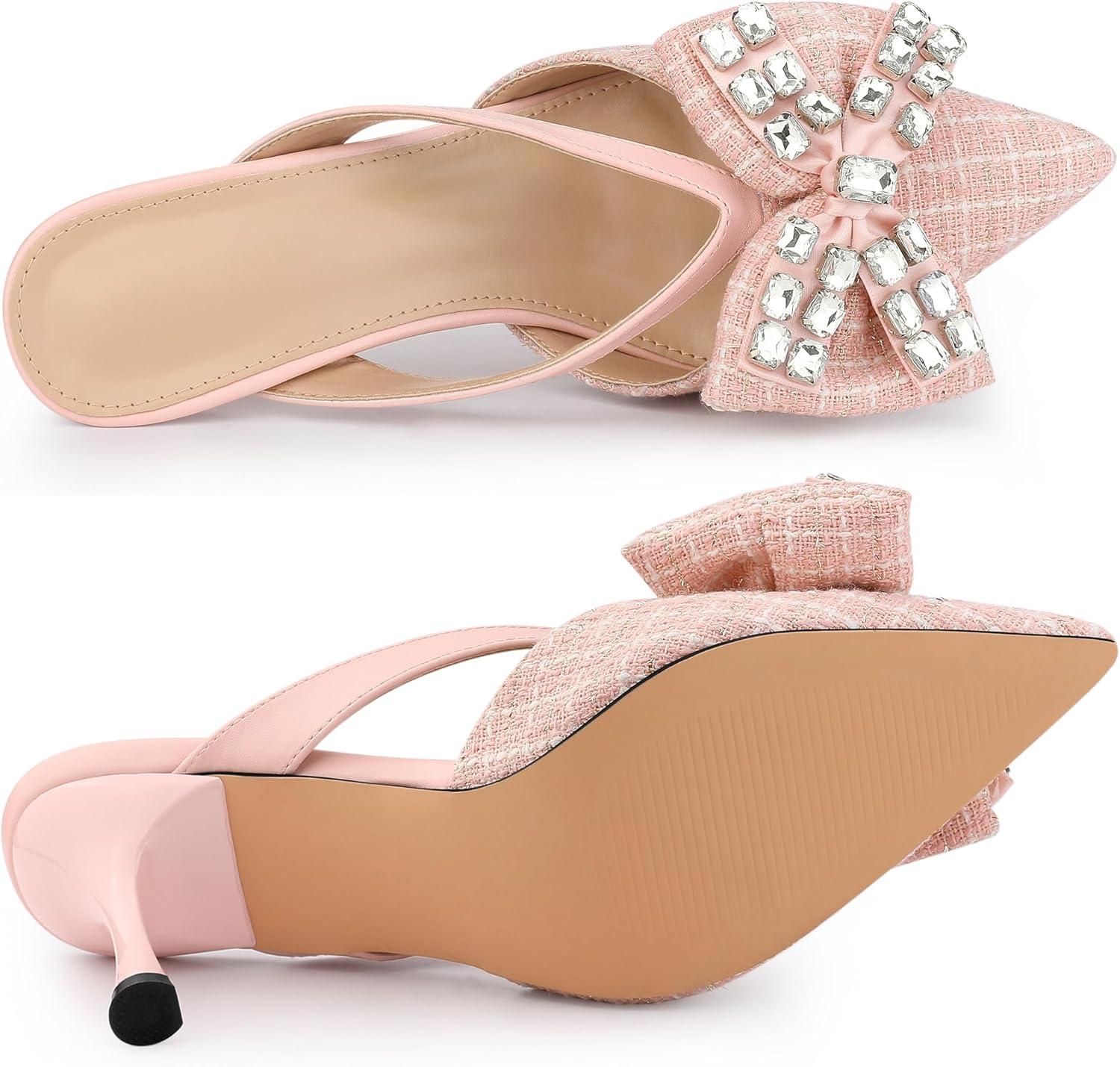 imageAllegra K Womens Pointed Toe Tweed Rhinestone Bow Stiletto Heels MulesPink
