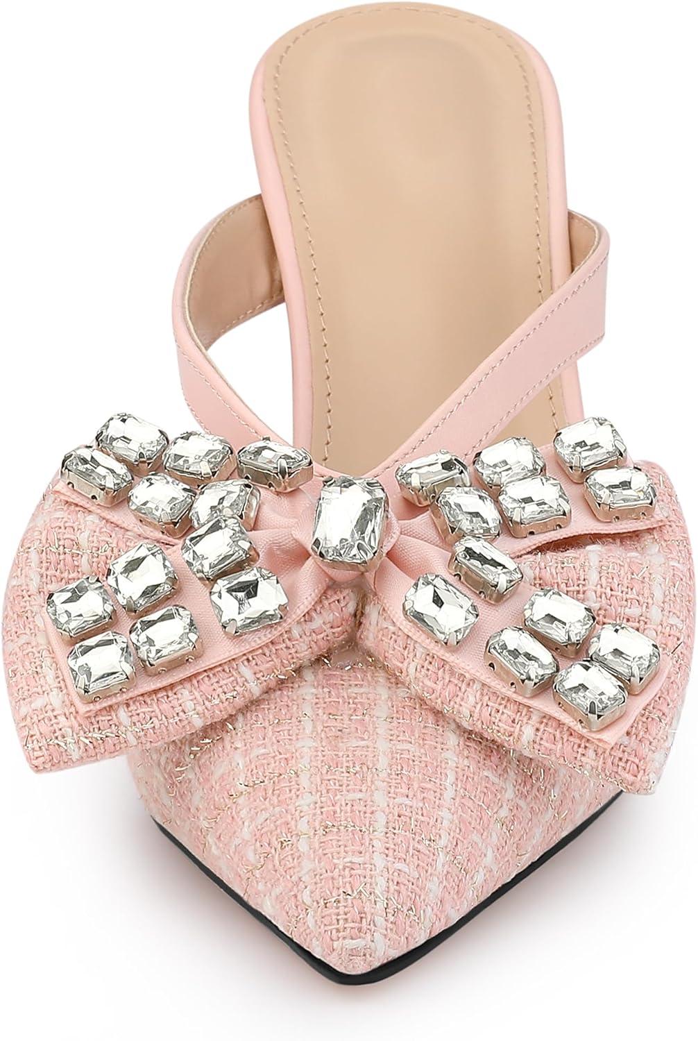 imageAllegra K Womens Pointed Toe Tweed Rhinestone Bow Stiletto Heels MulesPink