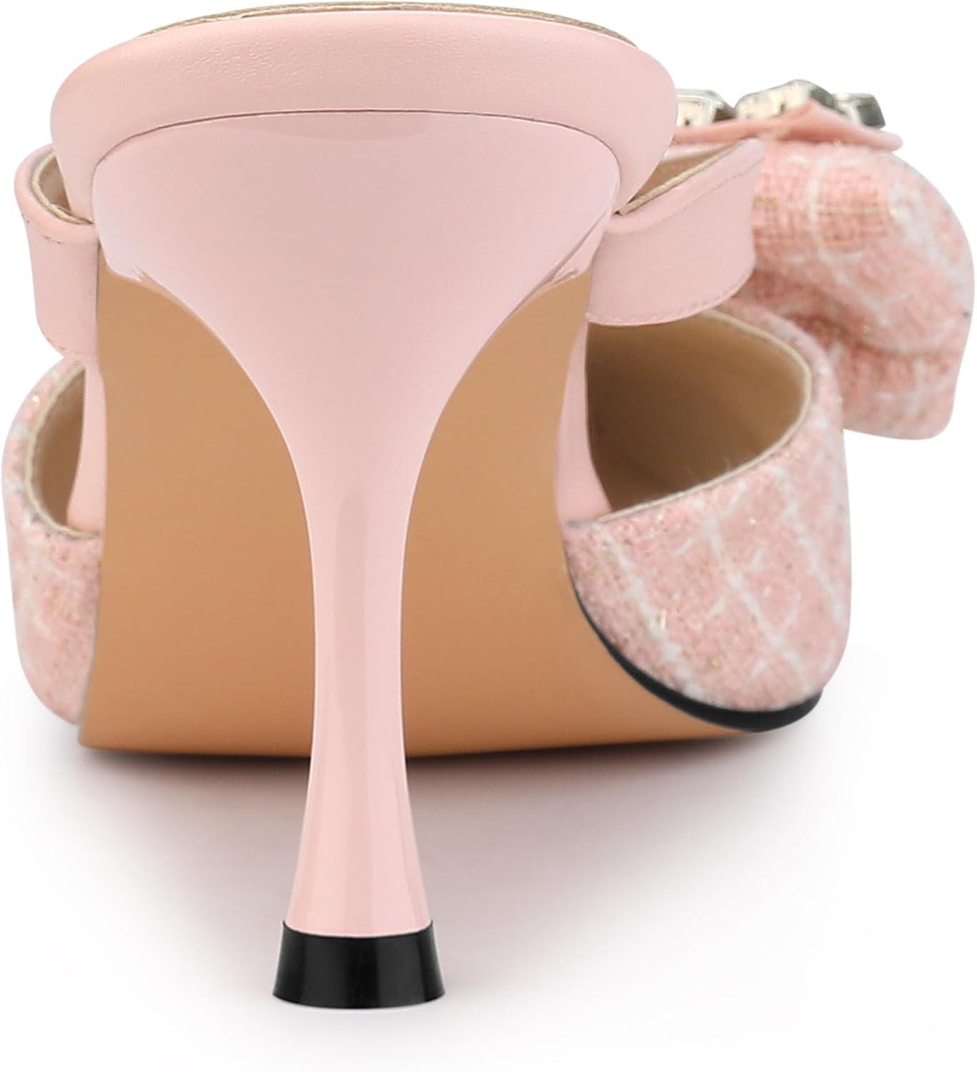 imageAllegra K Womens Pointed Toe Tweed Rhinestone Bow Stiletto Heels MulesPink