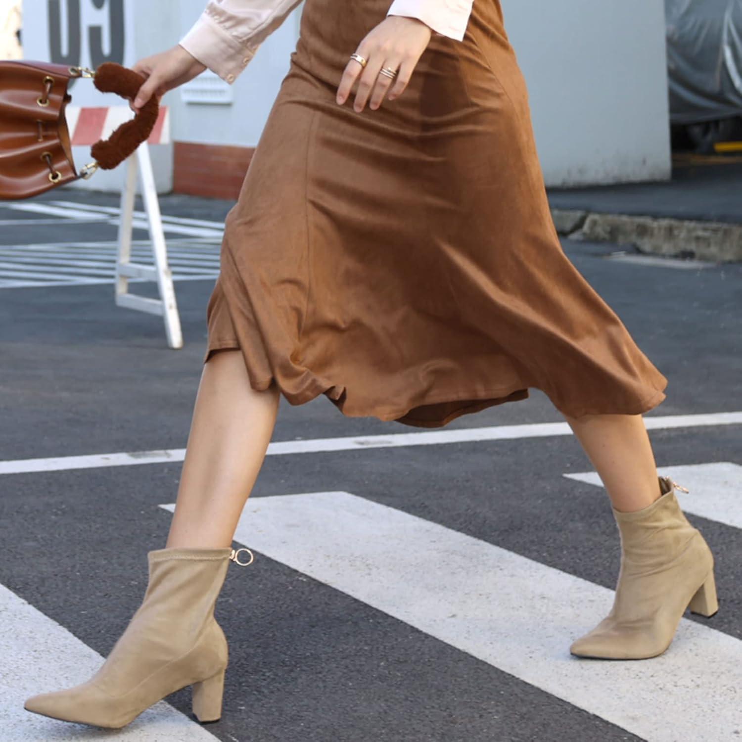 imageAllegra K Womens Pointed Toe Zipper Chunky Heels Ankle BootsBeige