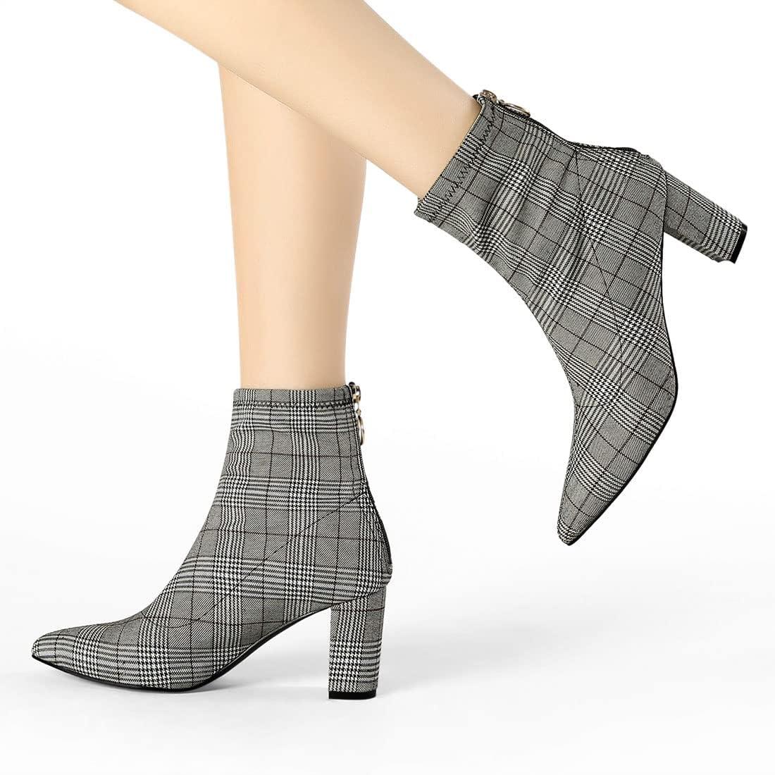 imageAllegra K Womens Pointed Toe Zipper Chunky Heels Ankle BootsBlack White