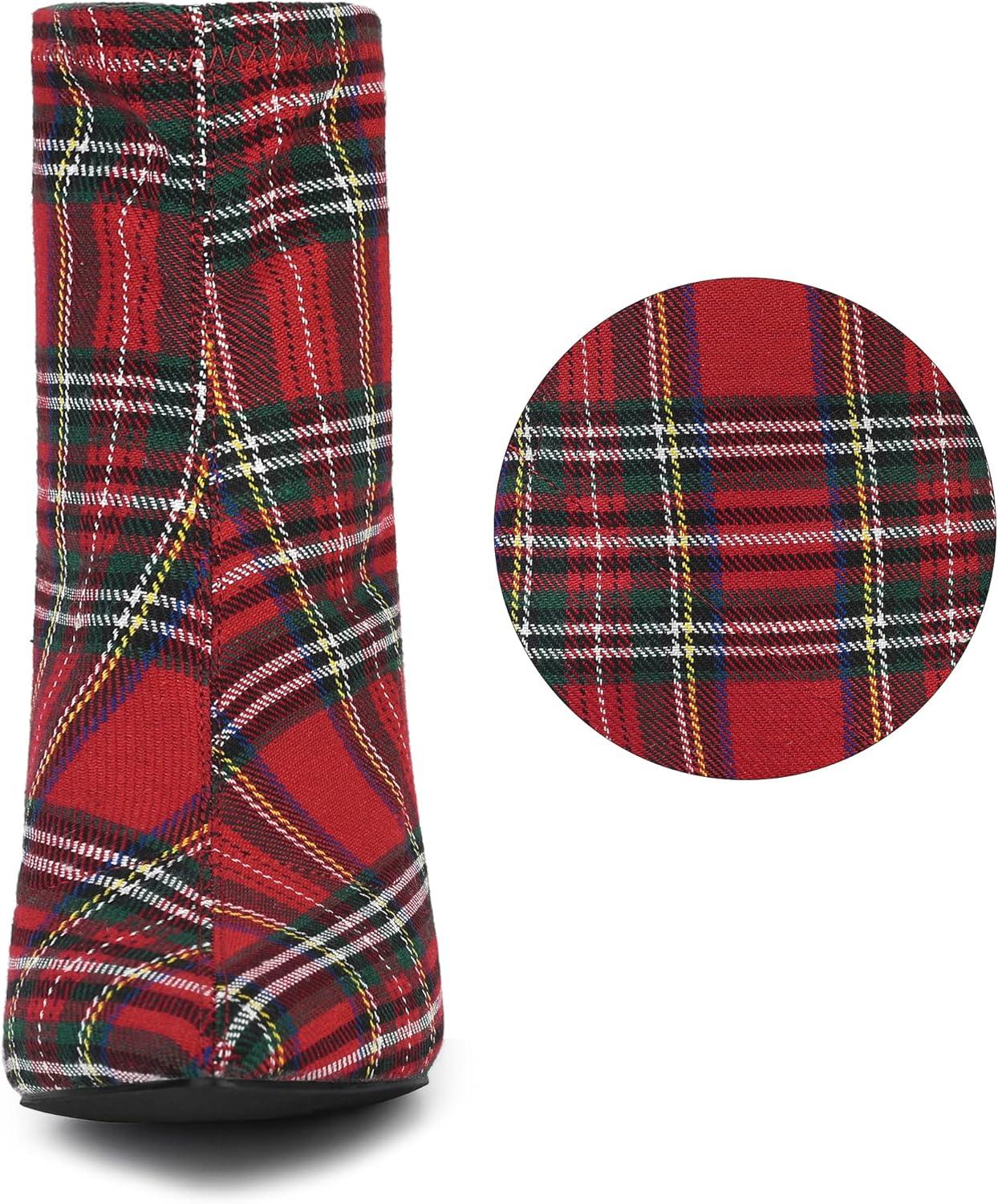 imageAllegra K Womens Pointed Toe Zipper Chunky Heels Ankle BootsRed Houndstooth