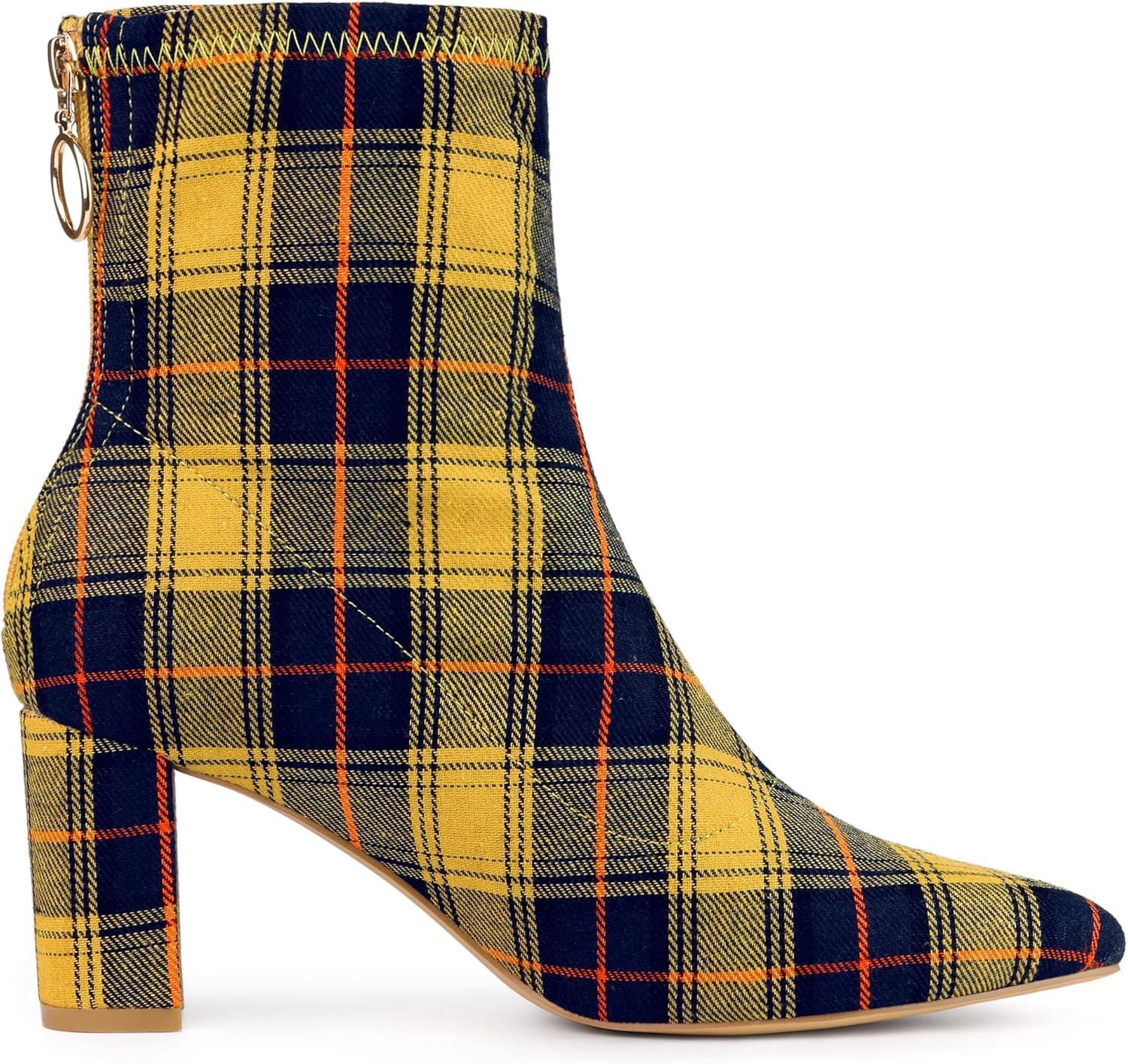 imageAllegra K Womens Pointed Toe Zipper Chunky Heels Ankle BootsYellow Blue