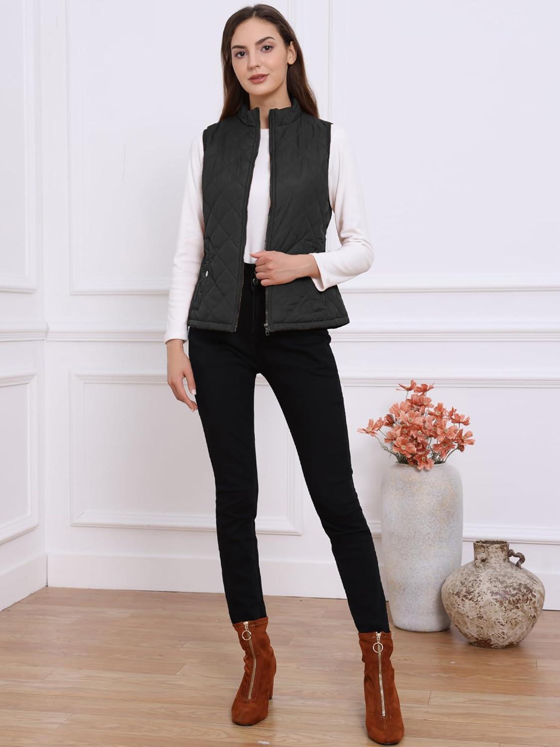 imageAllegra K Womens Puffer Vest Stand Collar Lightweight Gilet Quilted Zip VestBlack