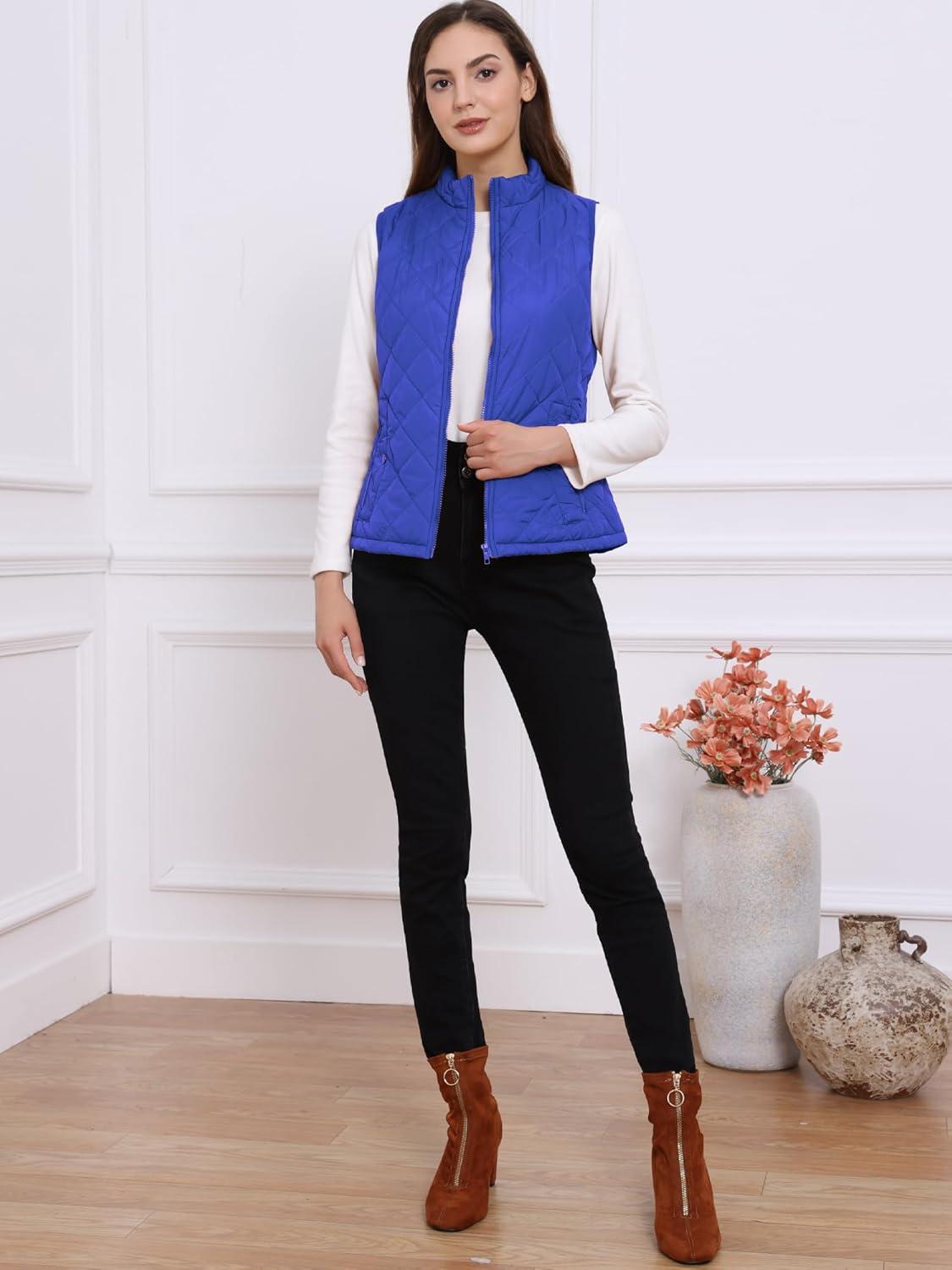 imageAllegra K Womens Puffer Vest Stand Collar Lightweight Gilet Quilted Zip VestBright Blue