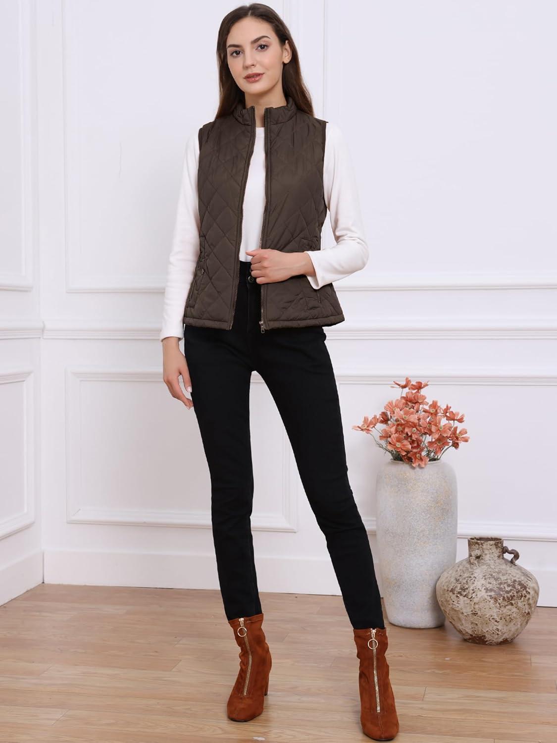 imageAllegra K Womens Puffer Vest Stand Collar Lightweight Gilet Quilted Zip VestBrown