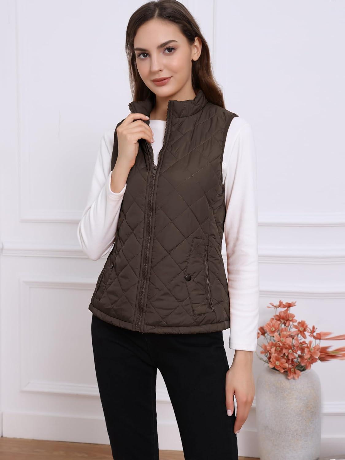 imageAllegra K Womens Puffer Vest Stand Collar Lightweight Gilet Quilted Zip VestBrown