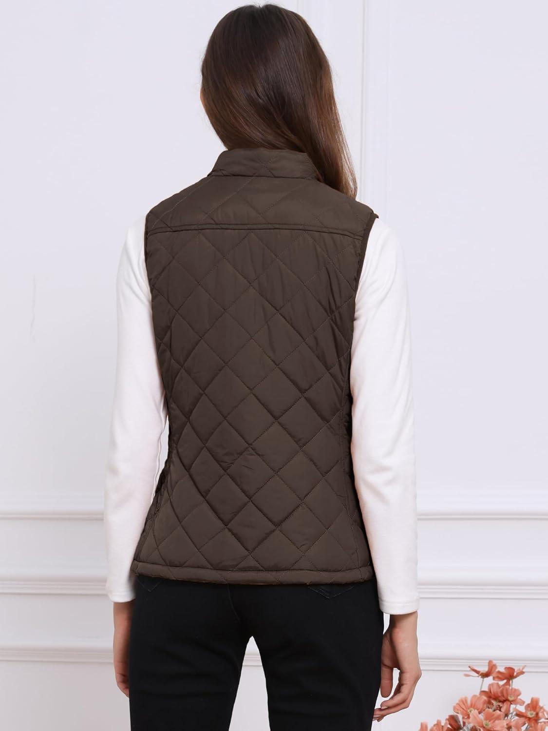 imageAllegra K Womens Puffer Vest Stand Collar Lightweight Gilet Quilted Zip VestBrown