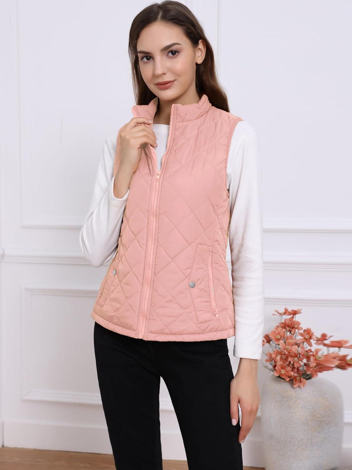 imageAllegra K Womens Puffer Vest Stand Collar Lightweight Gilet Quilted Zip VestDusty Rose