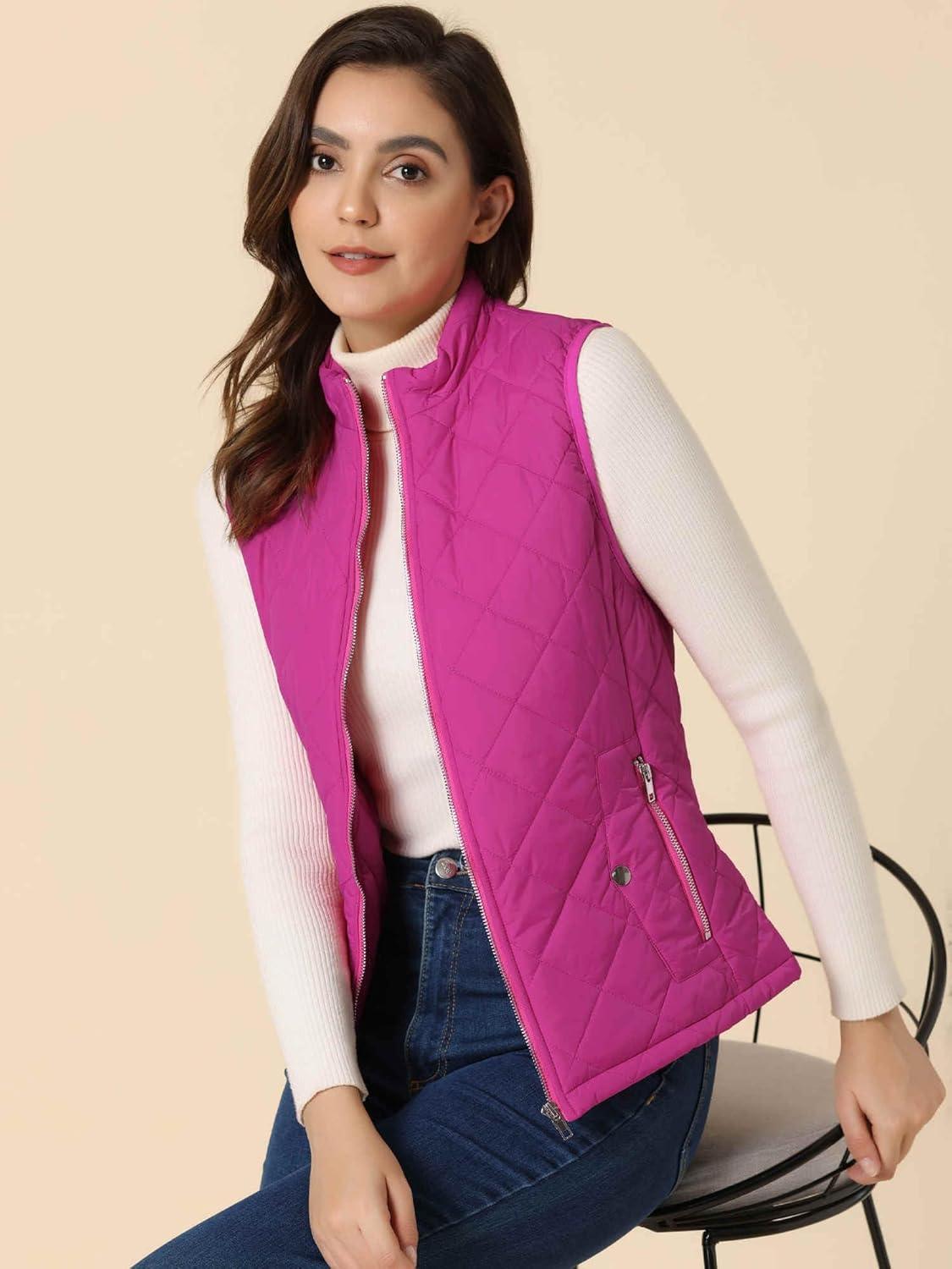 imageAllegra K Womens Puffer Vest Stand Collar Lightweight Gilet Quilted Zip VestFuchsia