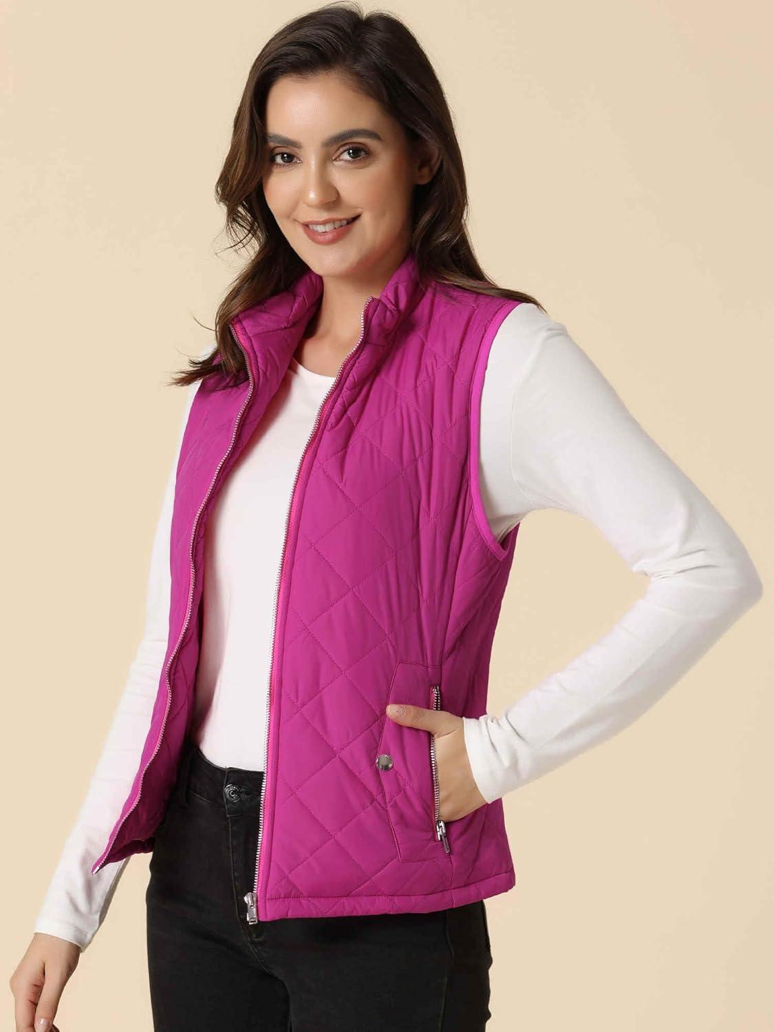 imageAllegra K Womens Puffer Vest Stand Collar Lightweight Gilet Quilted Zip VestFuchsia