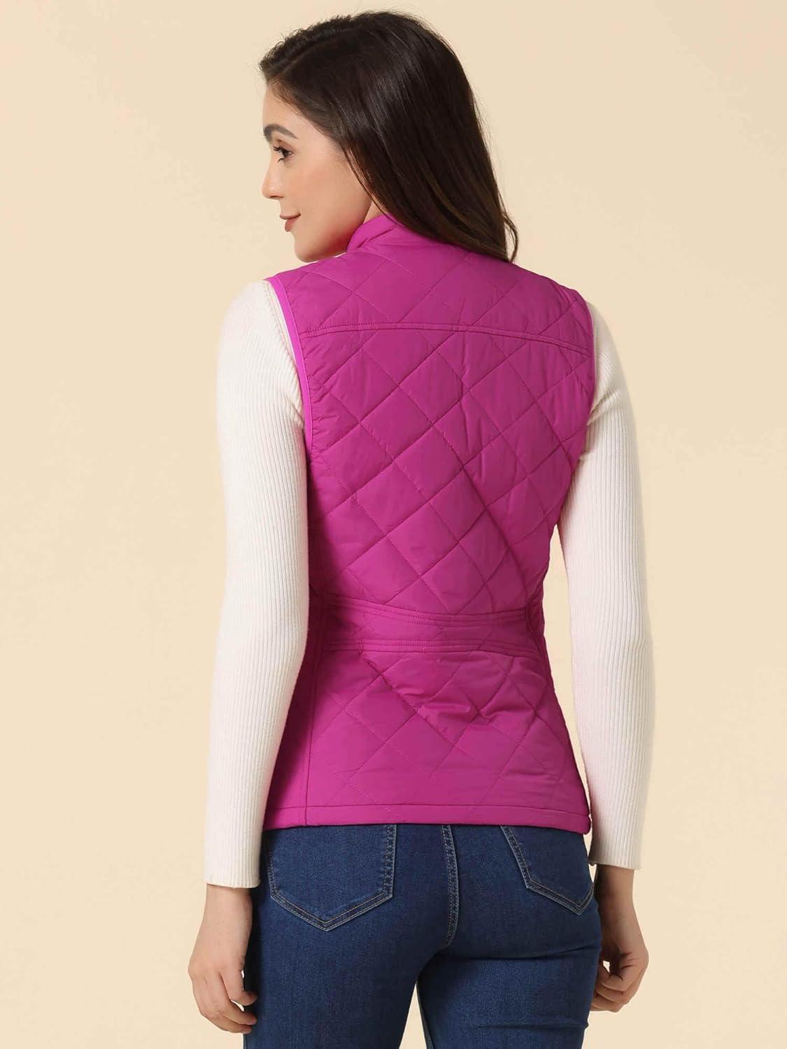 imageAllegra K Womens Puffer Vest Stand Collar Lightweight Gilet Quilted Zip VestFuchsia
