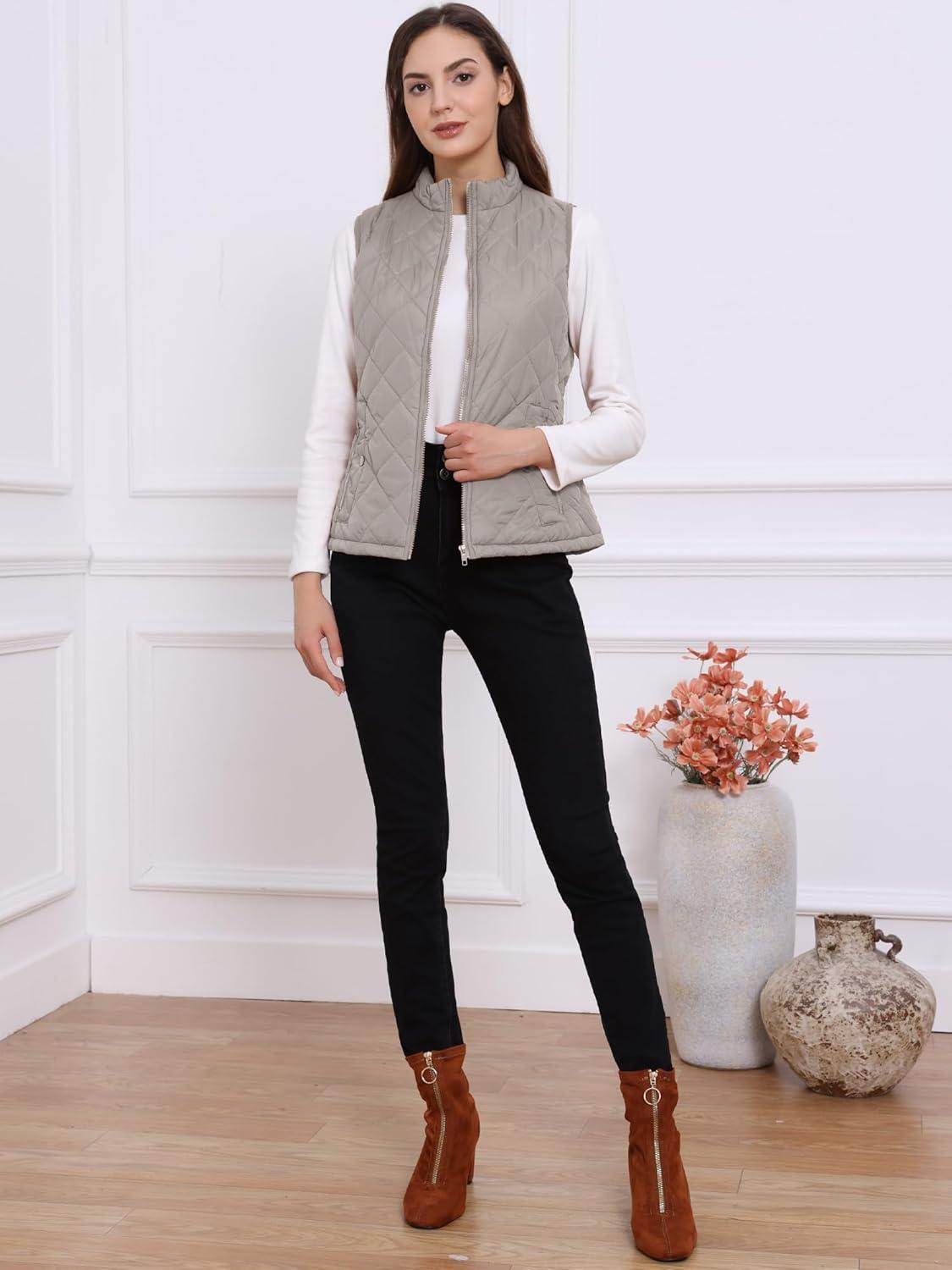 imageAllegra K Womens Puffer Vest Stand Collar Lightweight Gilet Quilted Zip VestGray