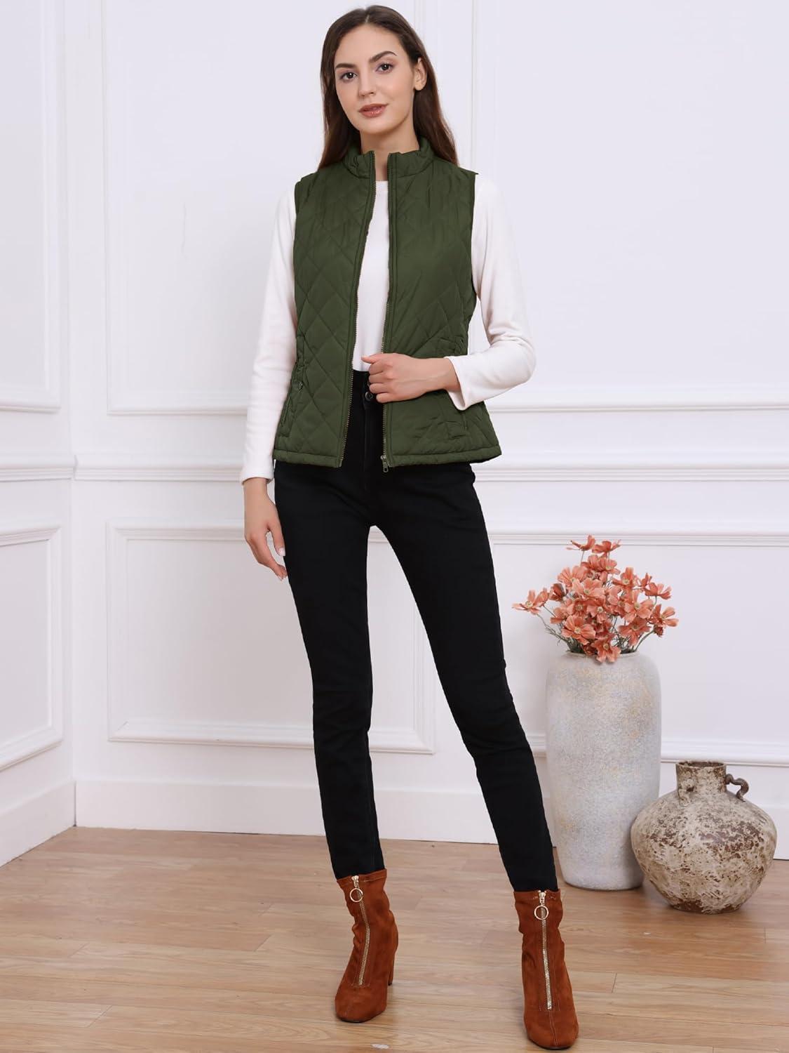 imageAllegra K Womens Puffer Vest Stand Collar Lightweight Gilet Quilted Zip VestGreen