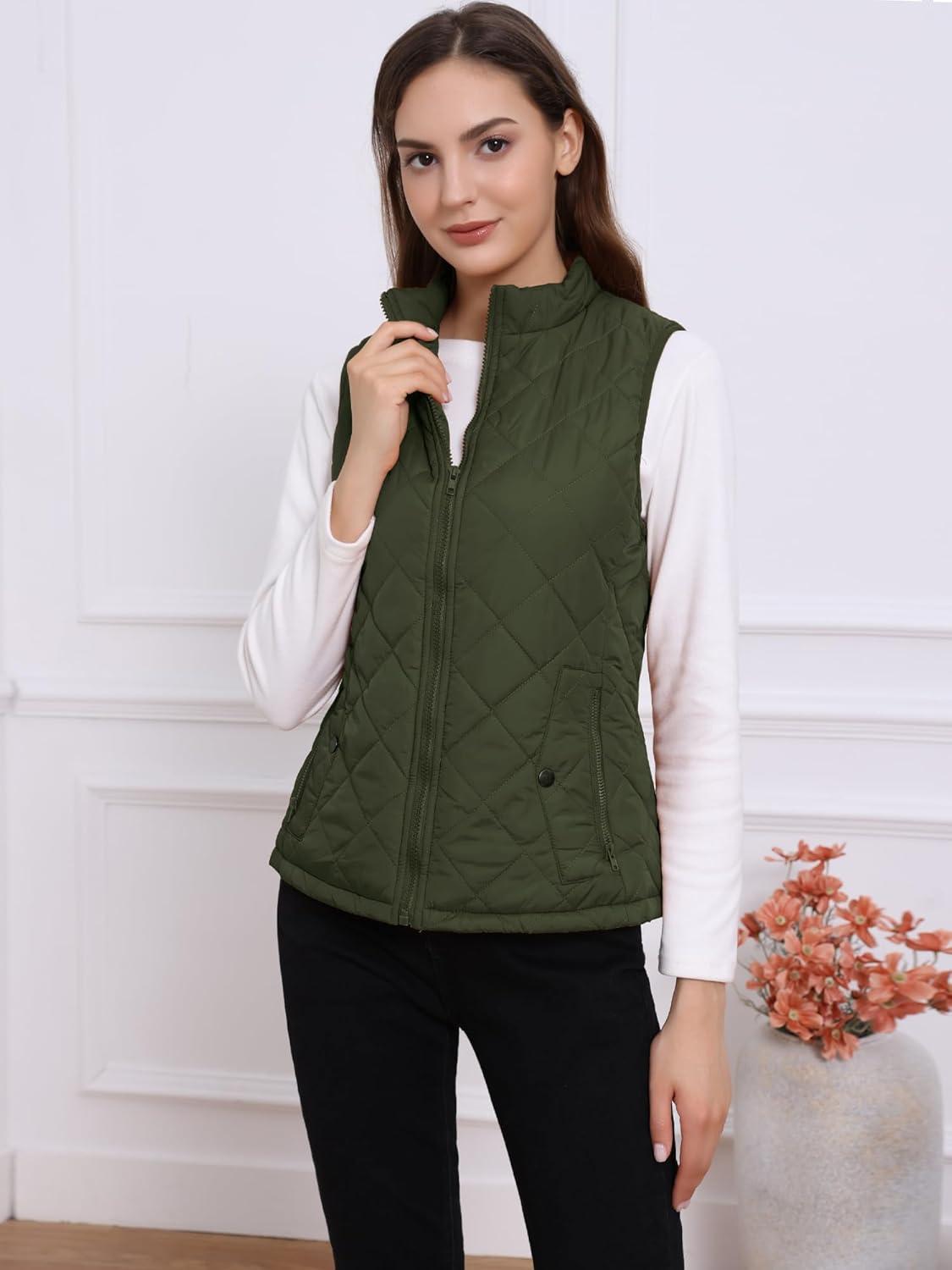 imageAllegra K Womens Puffer Vest Stand Collar Lightweight Gilet Quilted Zip VestGreen