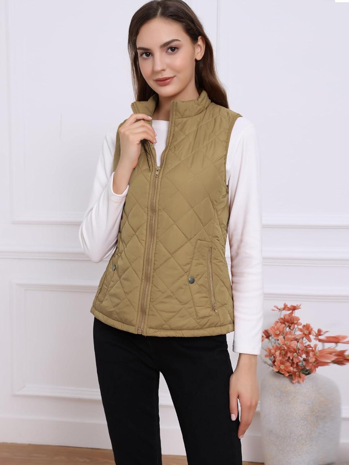 imageAllegra K Womens Puffer Vest Stand Collar Lightweight Gilet Quilted Zip VestKhaki