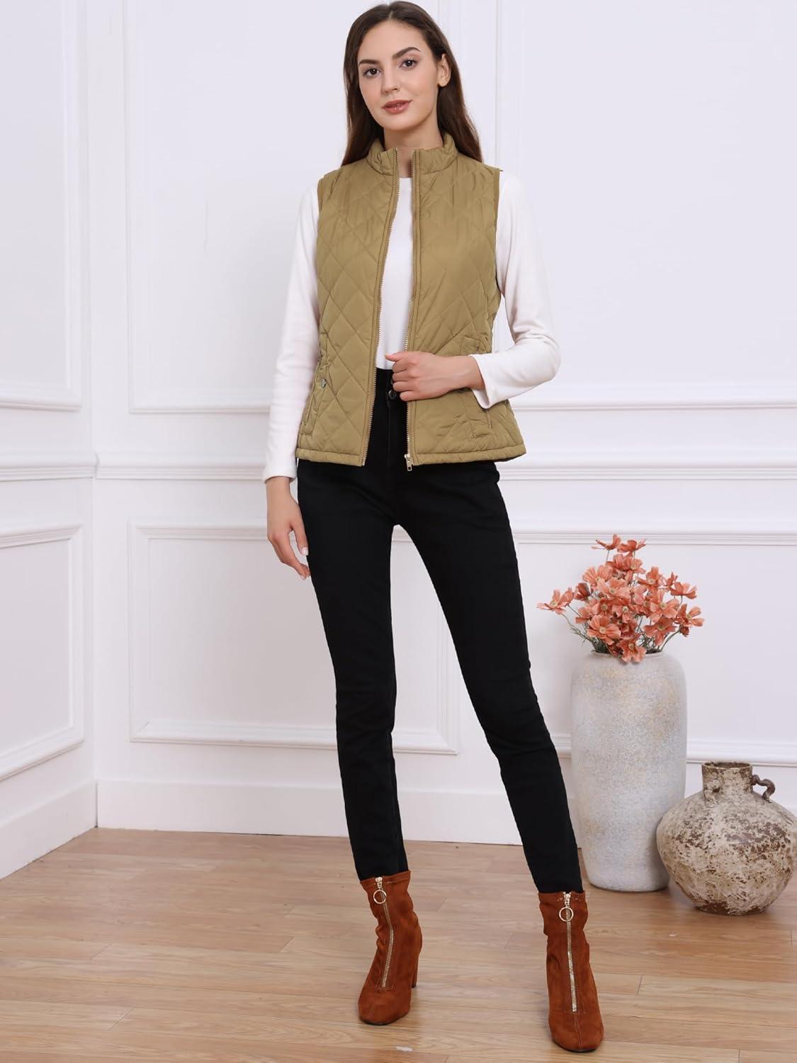 imageAllegra K Womens Puffer Vest Stand Collar Lightweight Gilet Quilted Zip VestKhaki