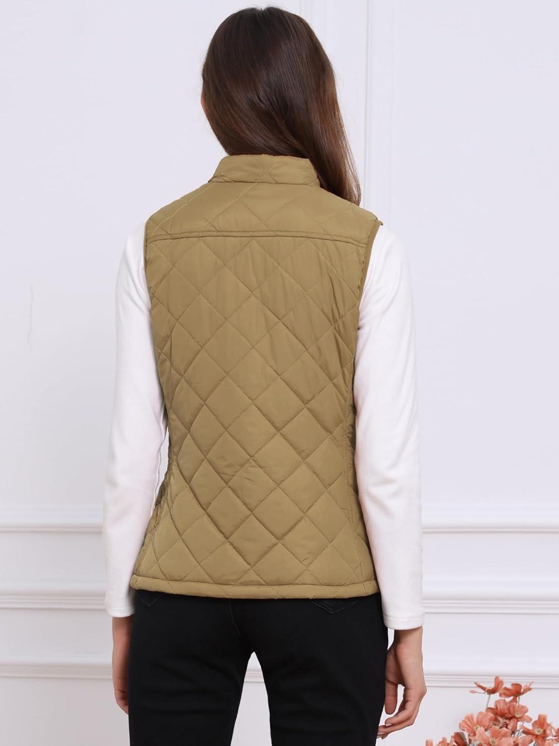 imageAllegra K Womens Puffer Vest Stand Collar Lightweight Gilet Quilted Zip VestKhaki