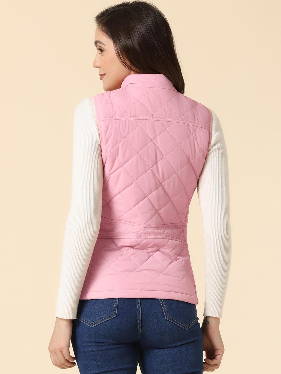 imageAllegra K Womens Puffer Vest Stand Collar Lightweight Gilet Quilted Zip VestPink