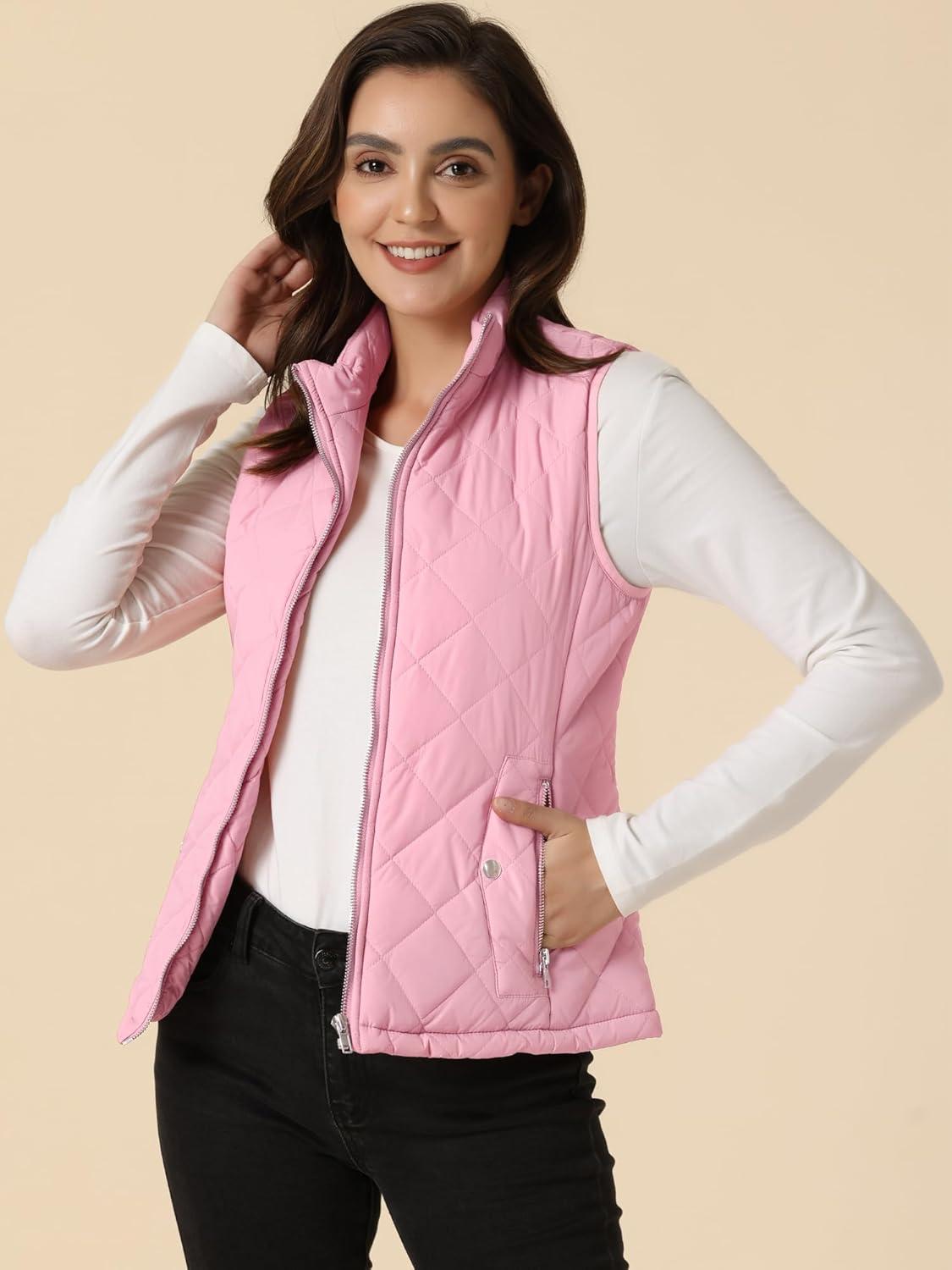 imageAllegra K Womens Puffer Vest Stand Collar Lightweight Gilet Quilted Zip VestPink