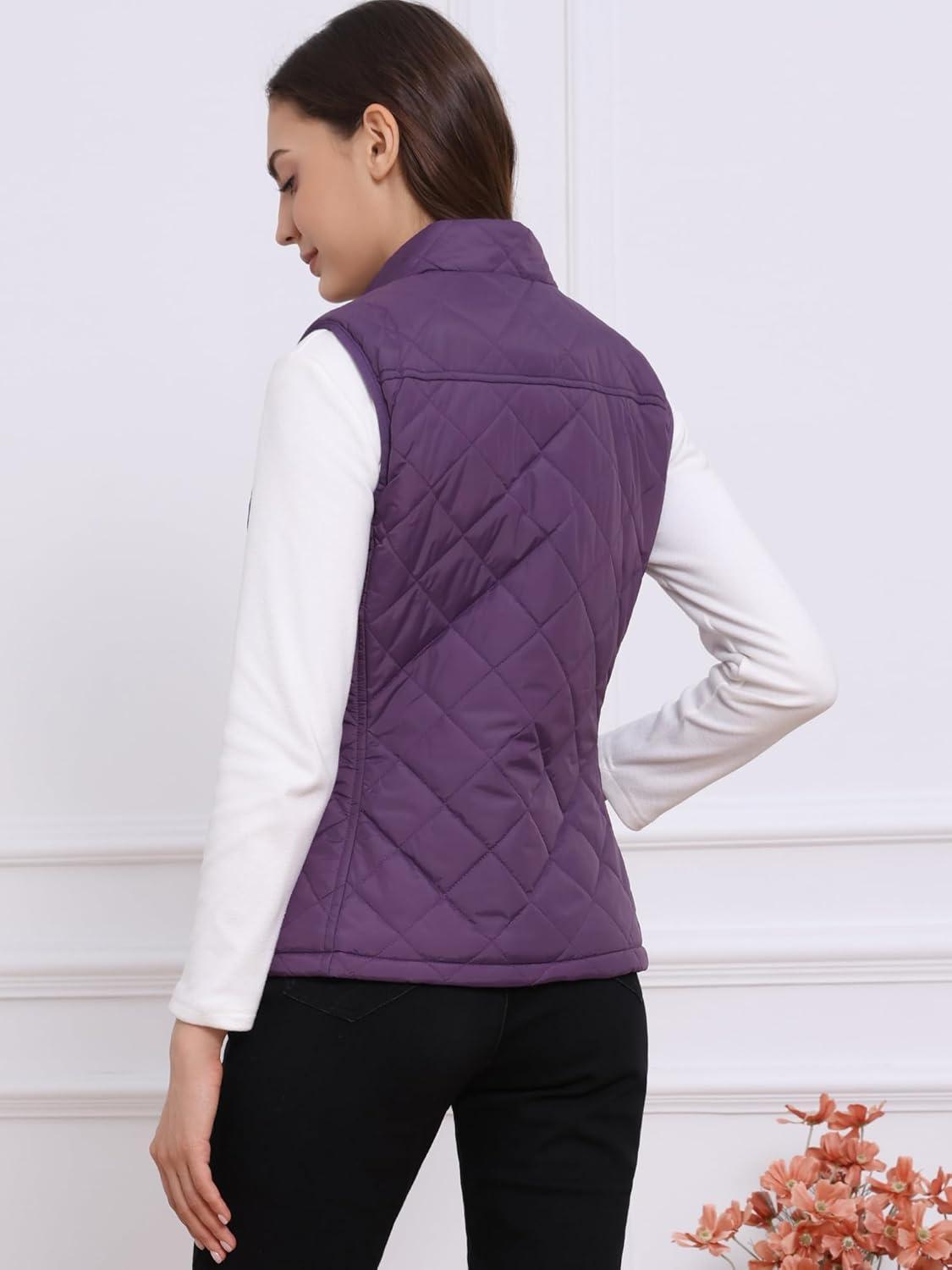 imageAllegra K Womens Puffer Vest Stand Collar Lightweight Gilet Quilted Zip VestPurple