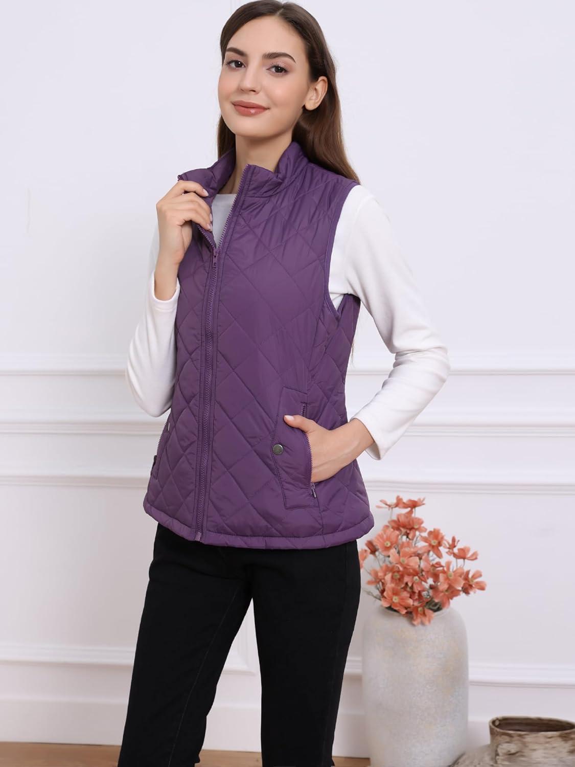 imageAllegra K Womens Puffer Vest Stand Collar Lightweight Gilet Quilted Zip VestPurple
