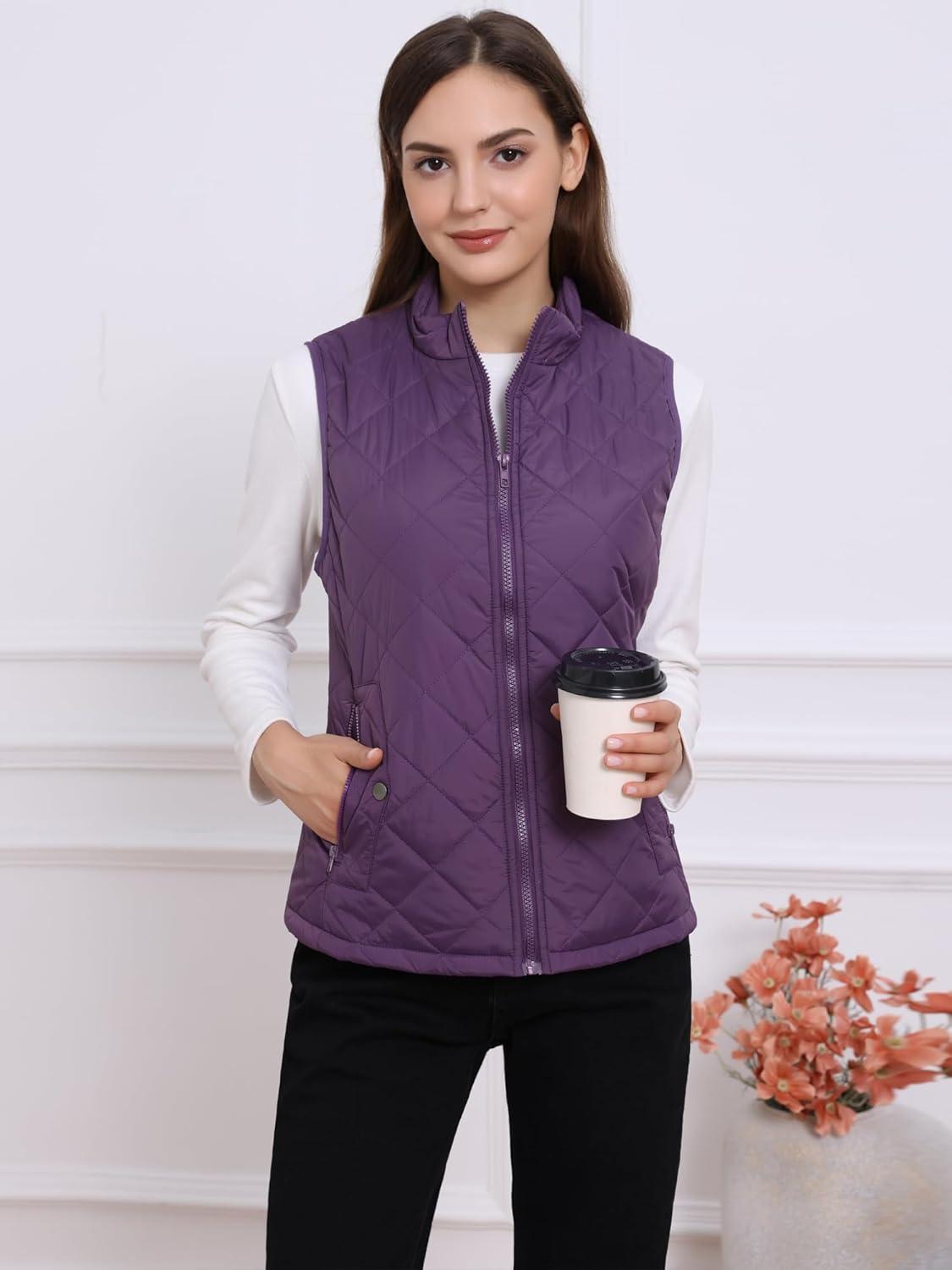 imageAllegra K Womens Puffer Vest Stand Collar Lightweight Gilet Quilted Zip VestPurple