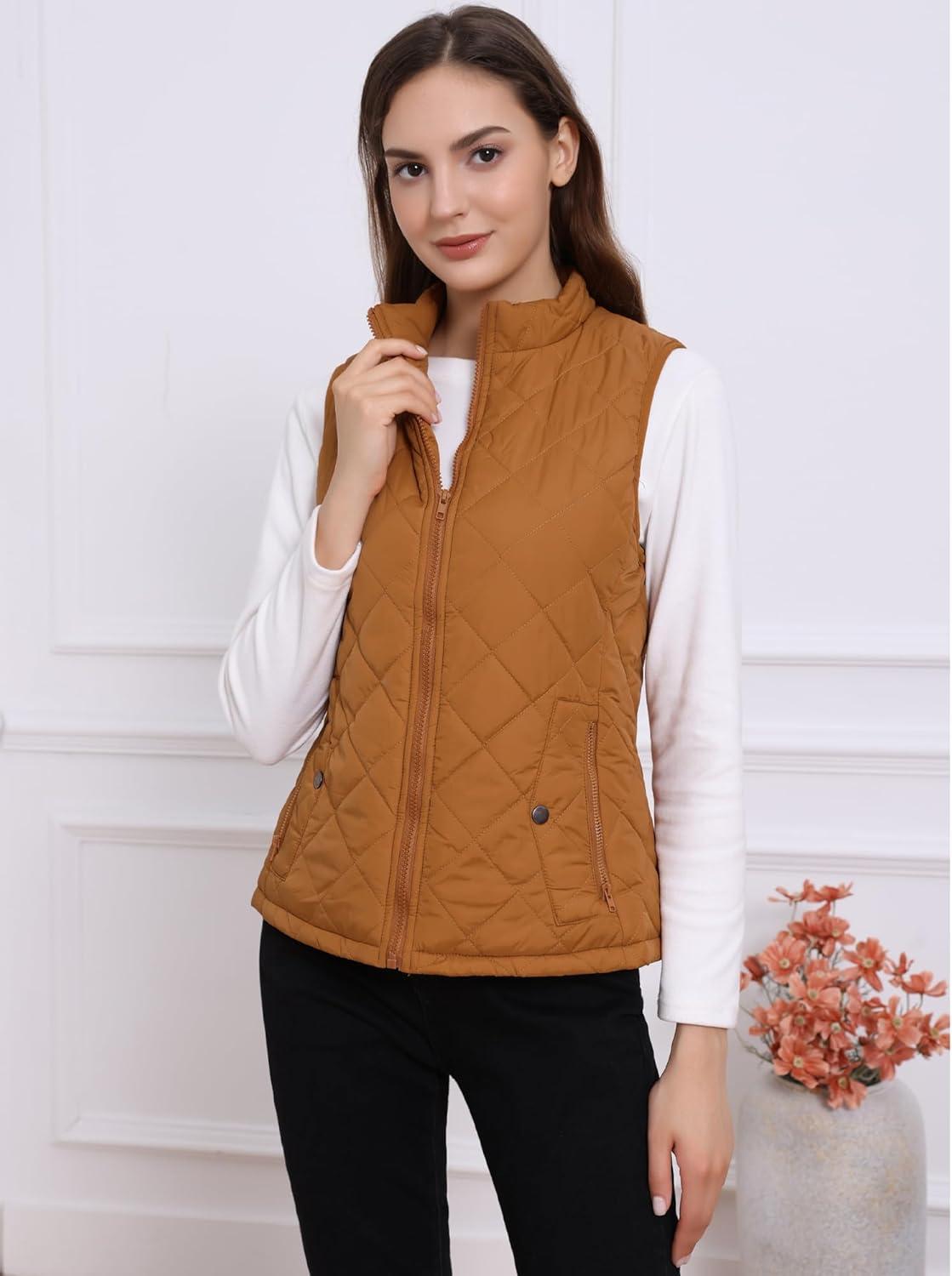 imageAllegra K Womens Puffer Vest Stand Collar Lightweight Gilet Quilted Zip VestSaddle Brown