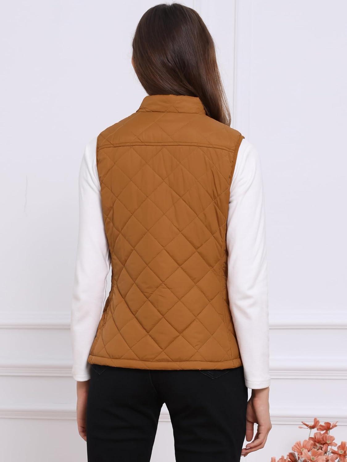 imageAllegra K Womens Puffer Vest Stand Collar Lightweight Gilet Quilted Zip VestSaddle Brown