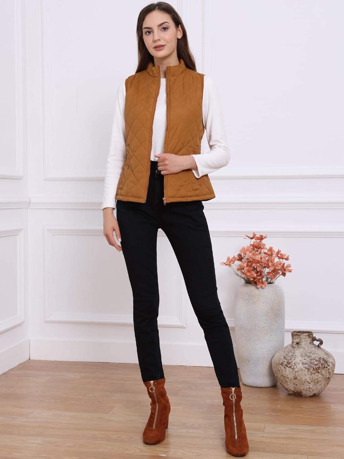 imageAllegra K Womens Puffer Vest Stand Collar Lightweight Gilet Quilted Zip VestSaddle Brown