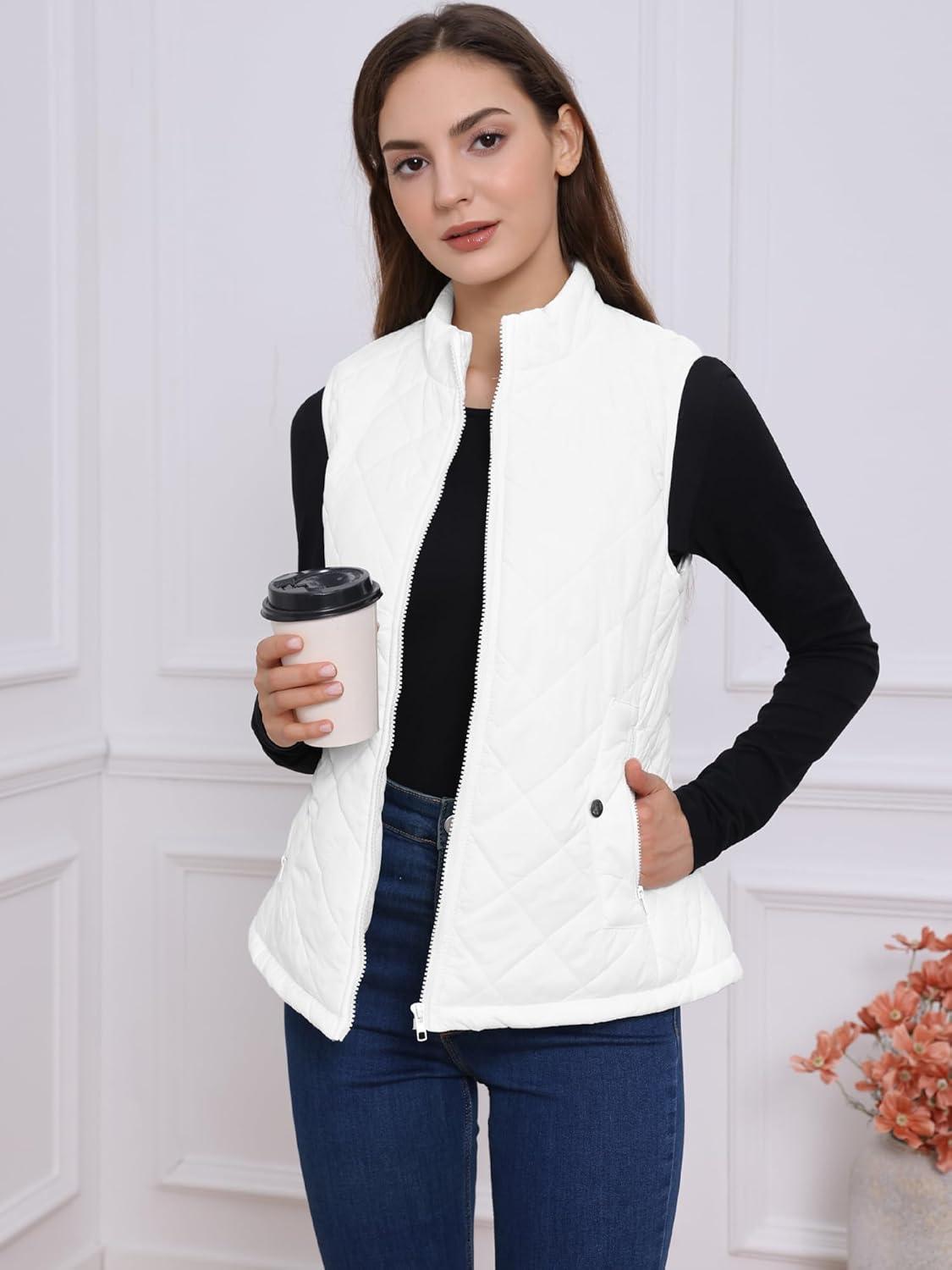 imageAllegra K Womens Puffer Vest Stand Collar Lightweight Gilet Quilted Zip VestWhite