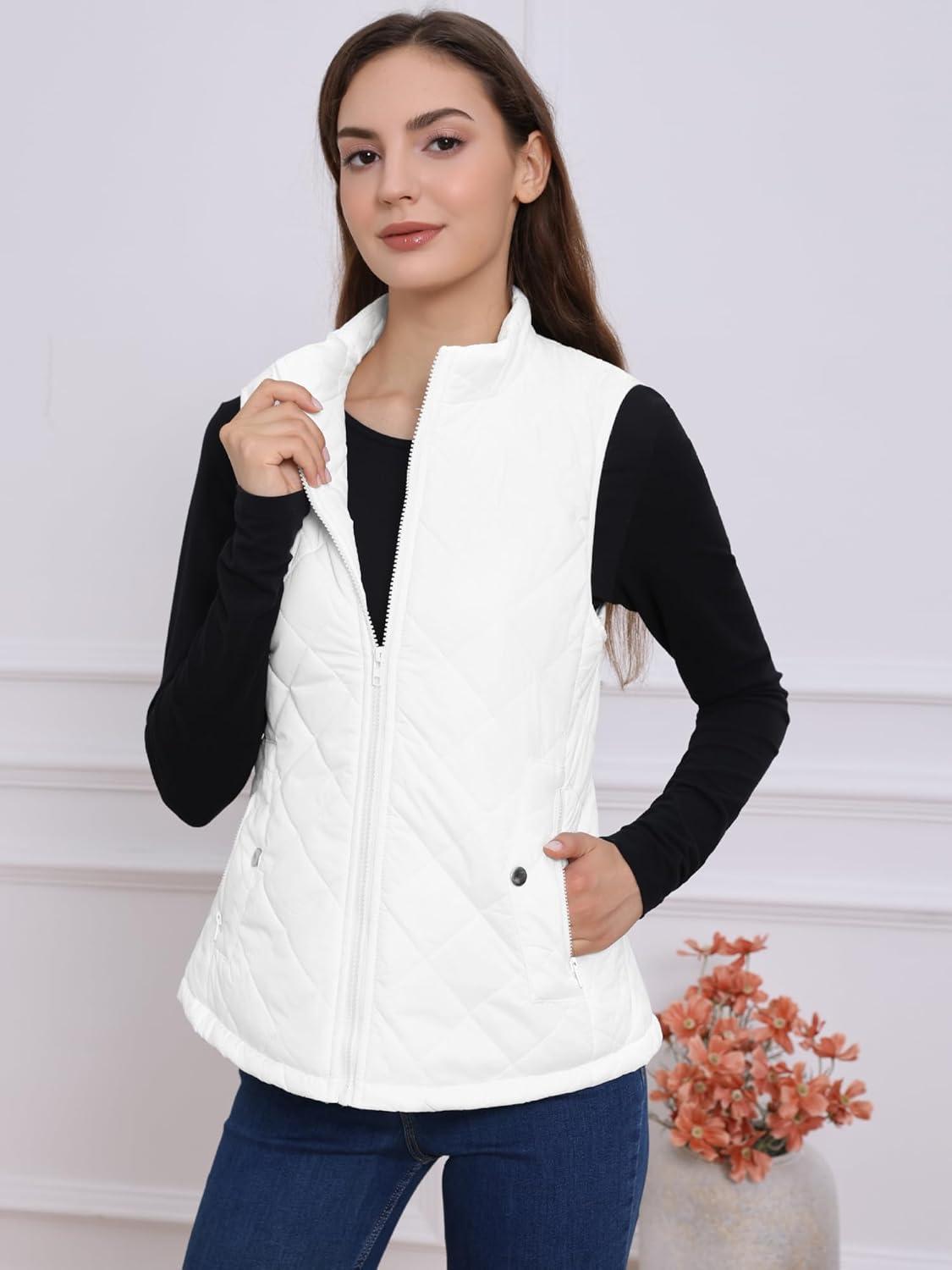 imageAllegra K Womens Puffer Vest Stand Collar Lightweight Gilet Quilted Zip VestWhite