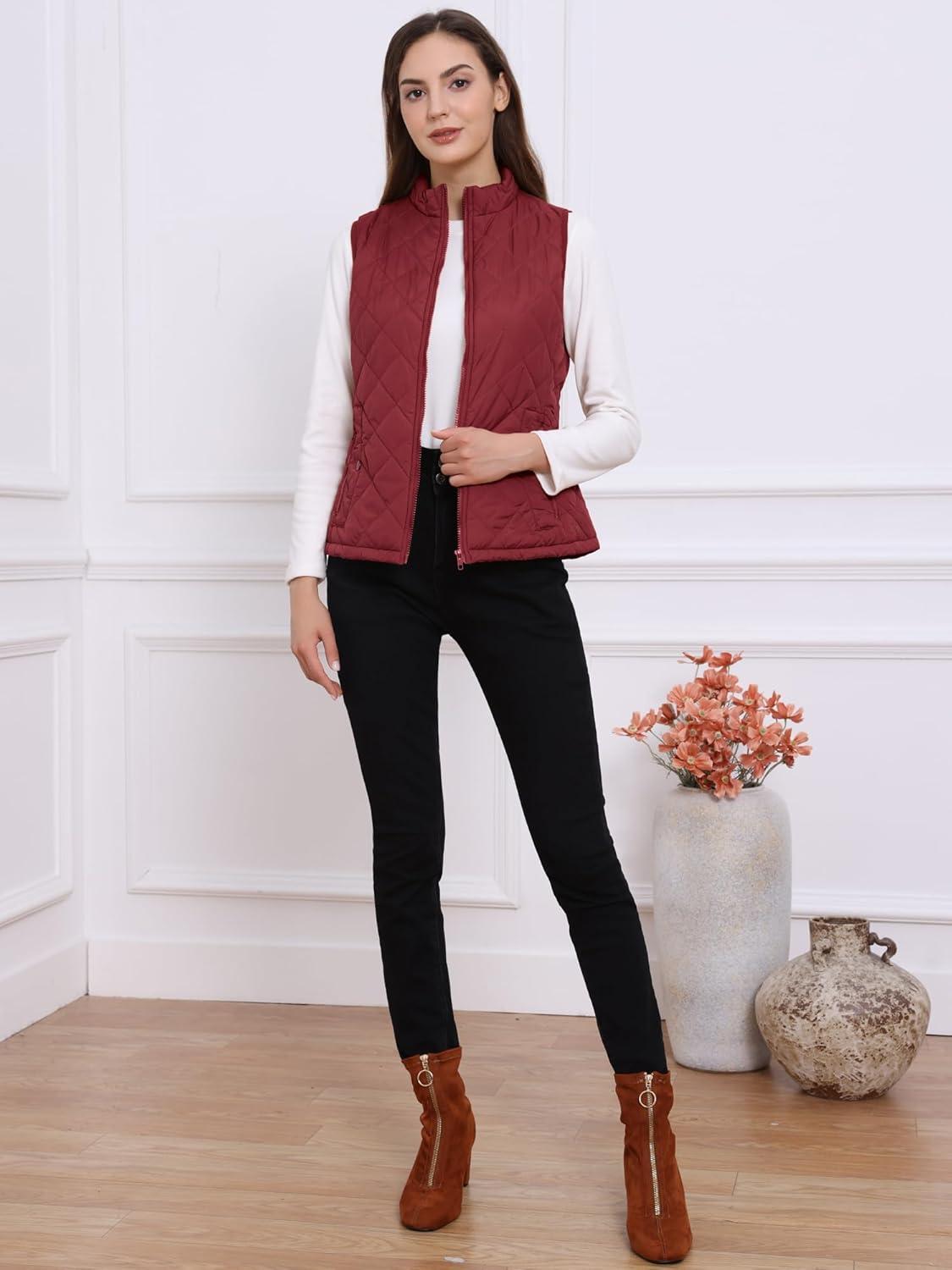 imageAllegra K Womens Puffer Vest Stand Collar Lightweight Gilet Quilted Zip VestWine Red