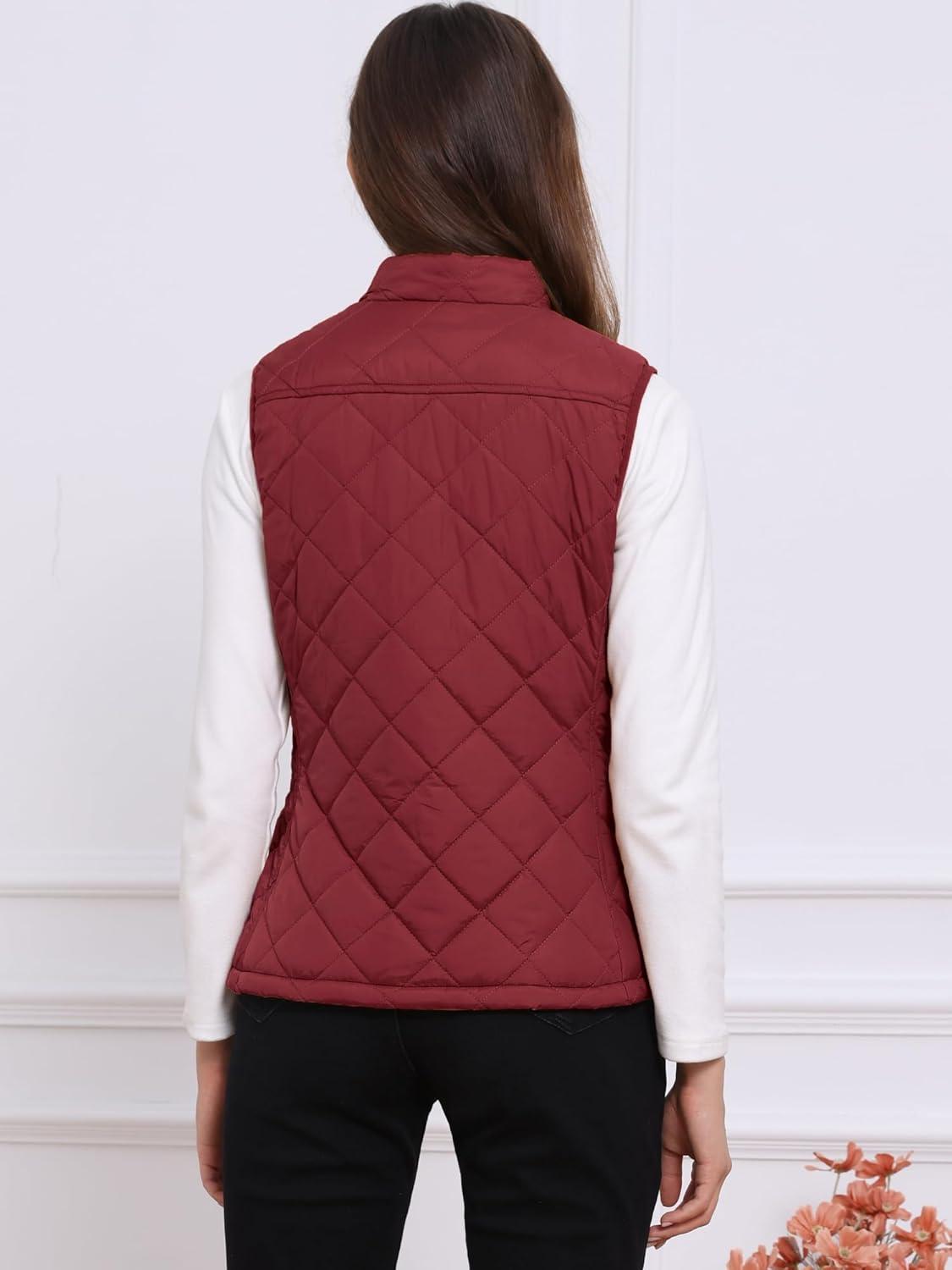 imageAllegra K Womens Puffer Vest Stand Collar Lightweight Gilet Quilted Zip VestWine Red