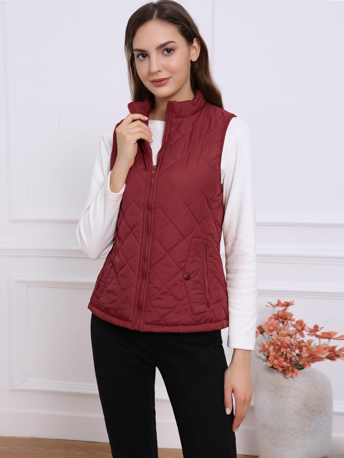 imageAllegra K Womens Puffer Vest Stand Collar Lightweight Gilet Quilted Zip VestWine Red