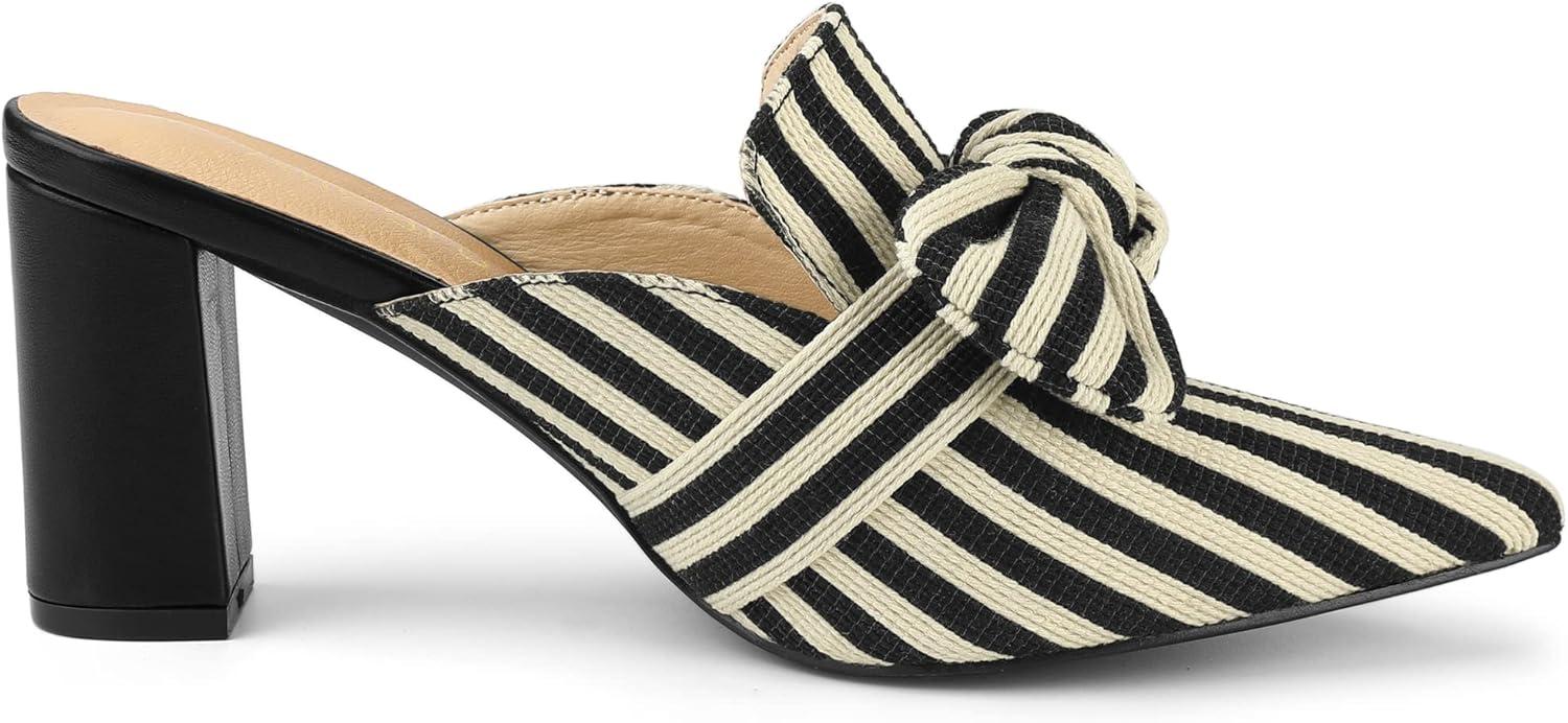 imageAllegra K Womens Stripe Bow Pointed Toe Block Heel Slides MulesBlack