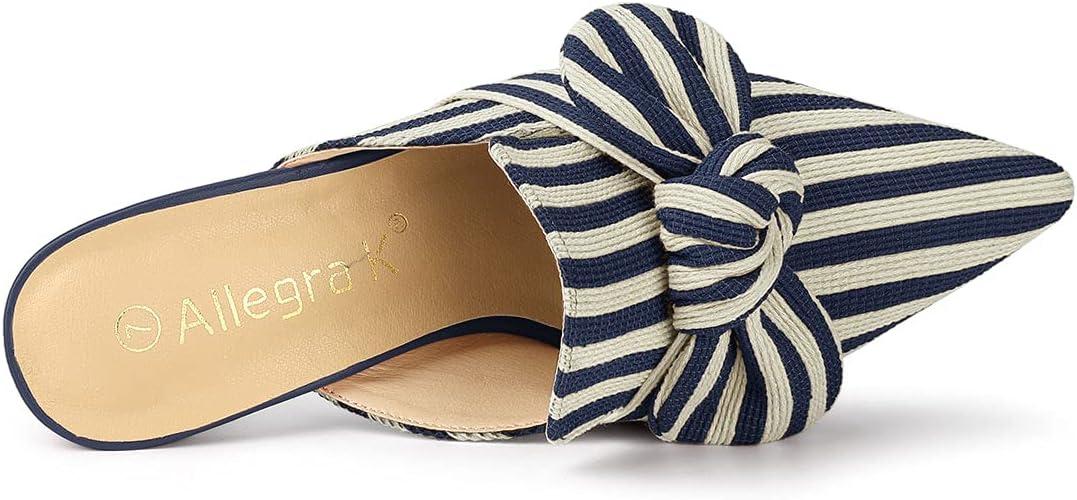 imageAllegra K Womens Stripe Bow Pointed Toe Block Heel Slides MulesBlue