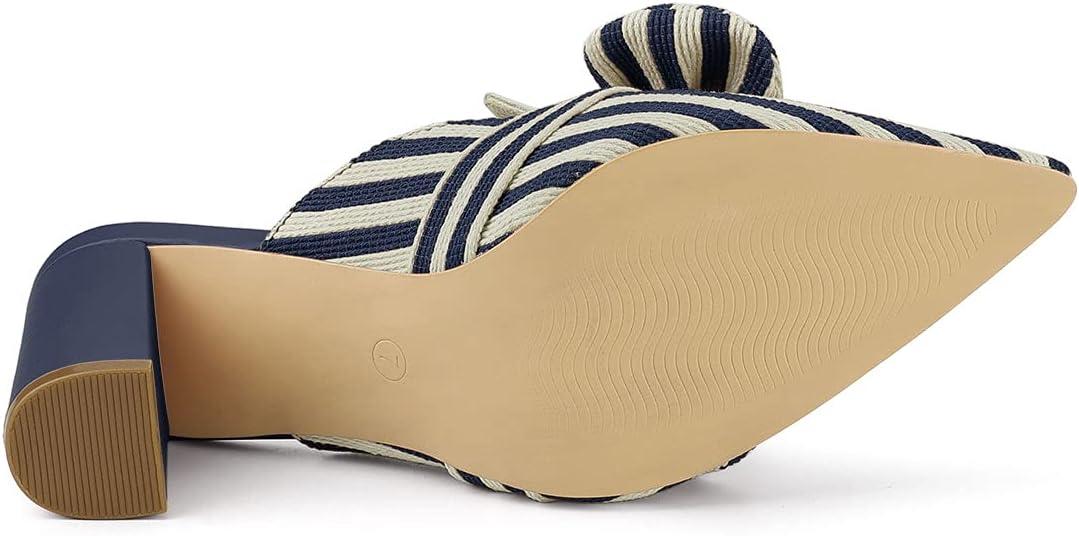 imageAllegra K Womens Stripe Bow Pointed Toe Block Heel Slides MulesBlue