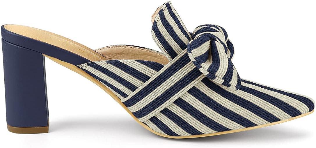 imageAllegra K Womens Stripe Bow Pointed Toe Block Heel Slides MulesBlue