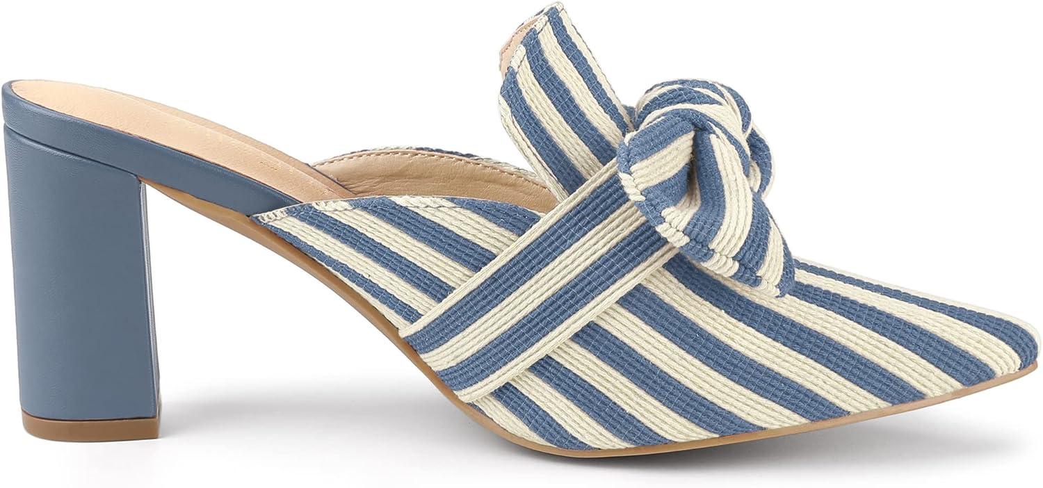 imageAllegra K Womens Stripe Bow Pointed Toe Block Heel Slides MulesLight Blue