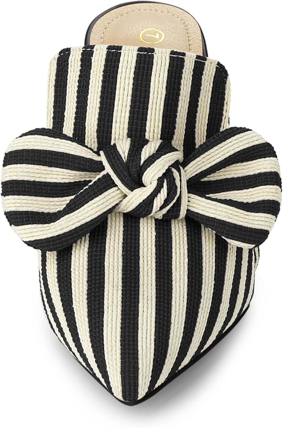 imageAllegra K Womens Stripe Bow Slip on Stiletto Heel Slides MulesBlack
