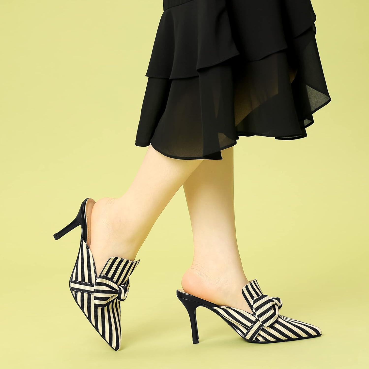 imageAllegra K Womens Stripe Bow Slip on Stiletto Heel Slides MulesBlack