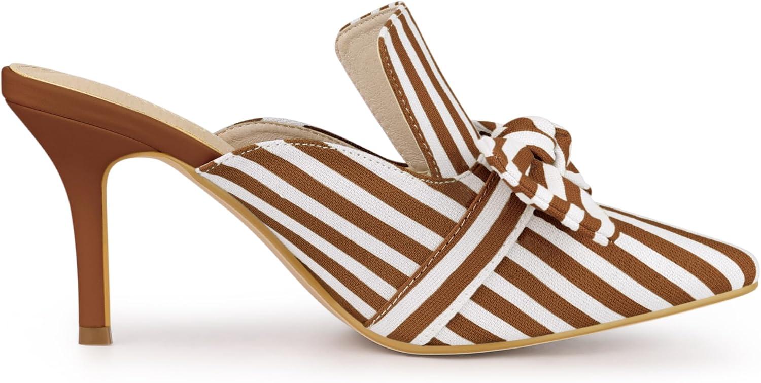 imageAllegra K Womens Stripe Bow Slip on Stiletto Heel Slides MulesDark Brown