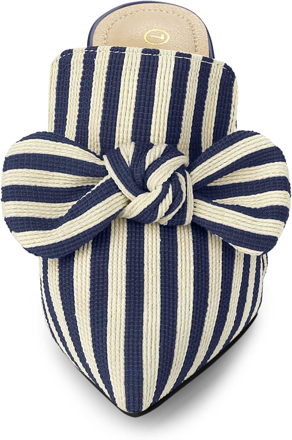 imageAllegra K Womens Stripe Bow Slip on Stiletto Heel Slides MulesDeep Blue