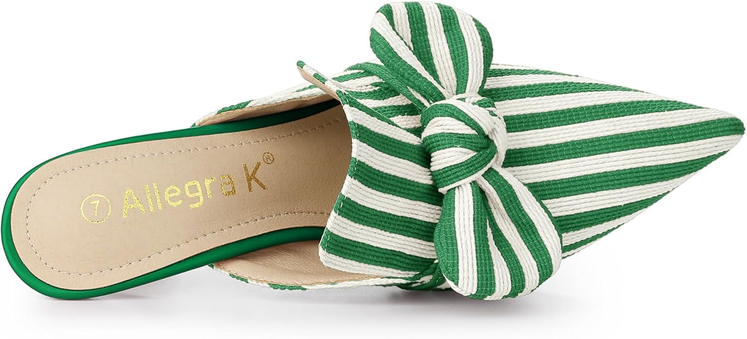 imageAllegra K Womens Stripe Bow Slip on Stiletto Heel Slides MulesGreen