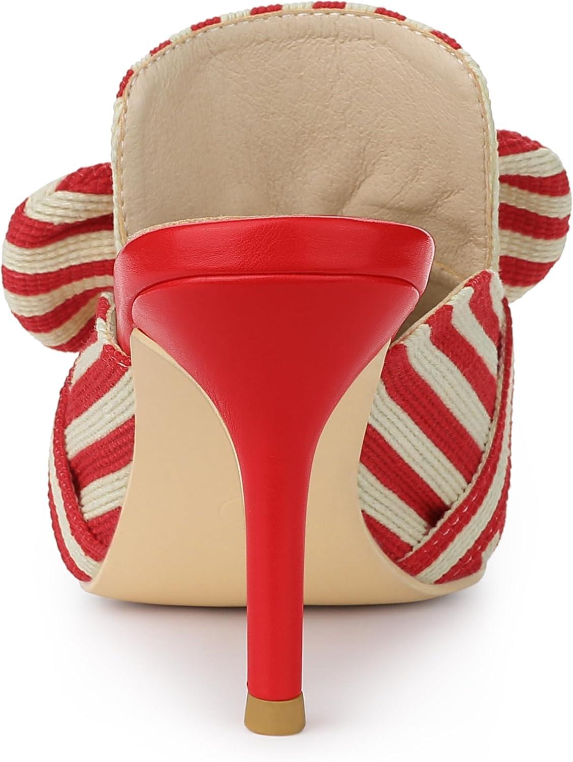 imageAllegra K Womens Stripe Bow Slip on Stiletto Heel Slides MulesRed